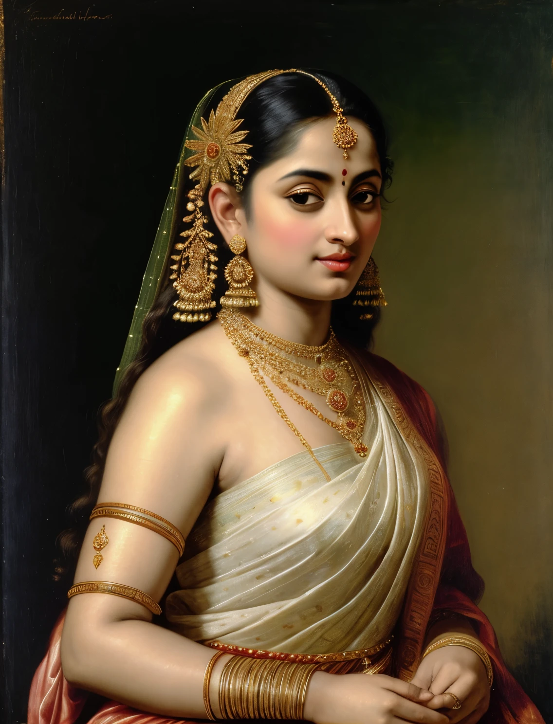 Beautiful Indian Woman, wearing saree, sari Beauty, gorgeous, Apsara, Maharani, royal queen woman, nymph from Hindu Mythology, Urvashi, matchless beauty, Highly detailed, Oil Painting by Peter Paul Rubens inspired by Raja Ravi Varma, Matchless beauty, captivating, gorgeous, heavenly beauty, celestial beauty, by Peter Paul Rubens, 13, realistic, hyper realistic, micro details, incredible artwork, insane details, ultra High resolution, 8k, 32k, acrylic on canvas, intricate, flawless, detailed, detailed face, detailed eyes, masterpiece, by Peter Paul Rubens, by Caravaggio, by William Adolphe bouguereau, perfect face, perfect body, beautiful art, realism, baroque, renaissance Art, highly textured, beautiful and detailed eyes, uhd, best quality,
