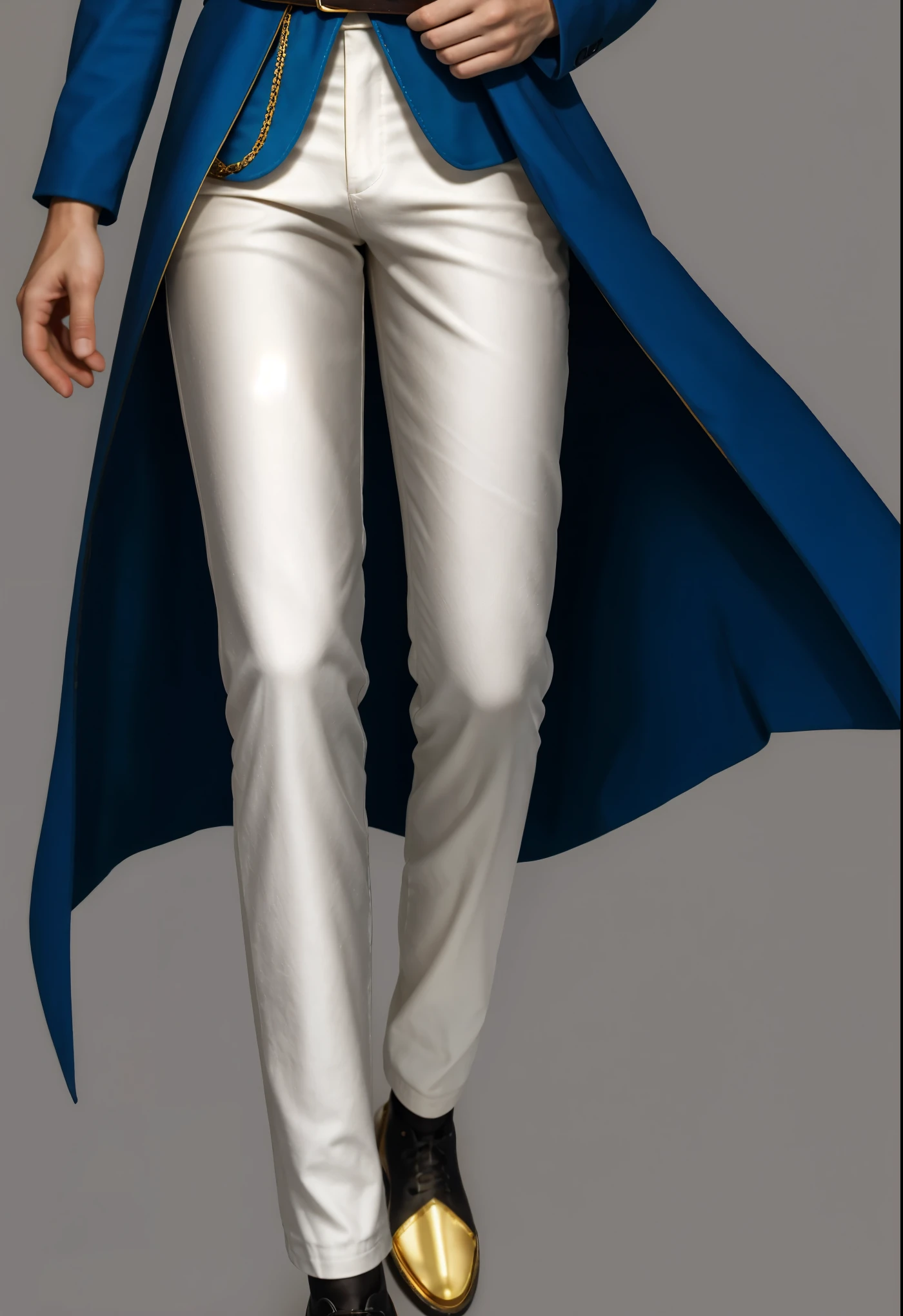 reference sheet: 1.8, great details, high quality, masterful work, Tall Boy, Beautiful face, длинные White pants, art, (masterpiece, A high resolution, high quality: 1.2), complex parts, cinematic lighting, clear focus, depth of field, blue coats, White pants, black shoes with gold toe, Gold Elements, brunette, an aristocrat, Gold shoulder straps