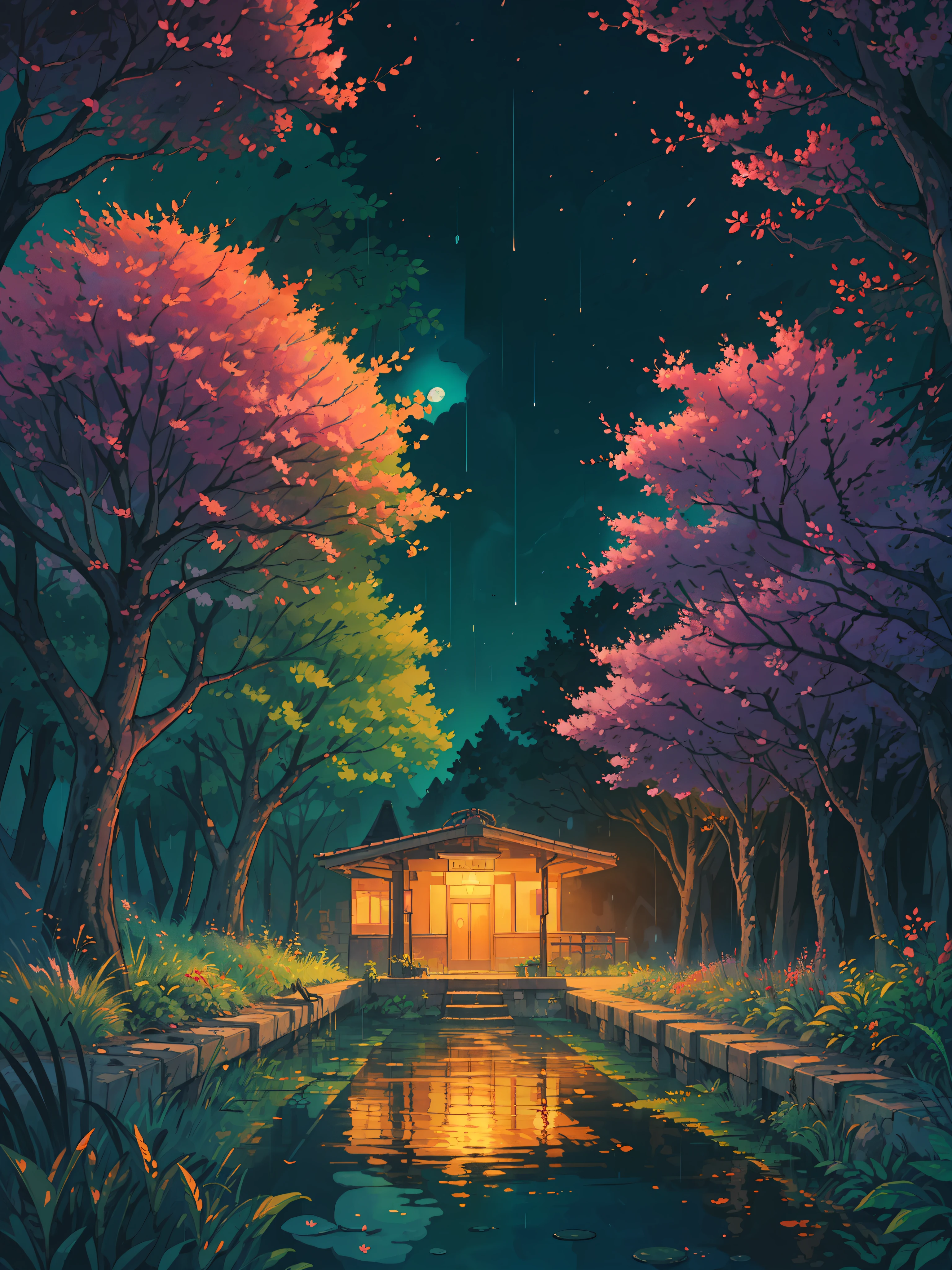 (masterpiece:1), (wide view:1.8),(lonely railway station:1.5), (nature:1.3), (night:1.6), (orange trees:1.65), silence, (spring season:1.5), (bushes:1.5), (plant pots:1.7), (dim light:1.5), magnificent sky, (forest around:1.6), (tracks:1.5), (bright vibrant colors:1.6), (volumetric light:1.2), peaceful, (rainfall:1.4), (aesthetically pleasing:1.5),(purple and magenta sky:1.3), (calmness:1.3), (ambient light:1.5), (scenery:1.4), (beautiful aesthetics:1.2), (landscape:1.5), (reflection:1.4) beautiful tones, subtle colors, peaceful, (illustration: 1.0), epic composition, realistic lighting, (no human:1.6), HD details, masterpiece, best quality, ,