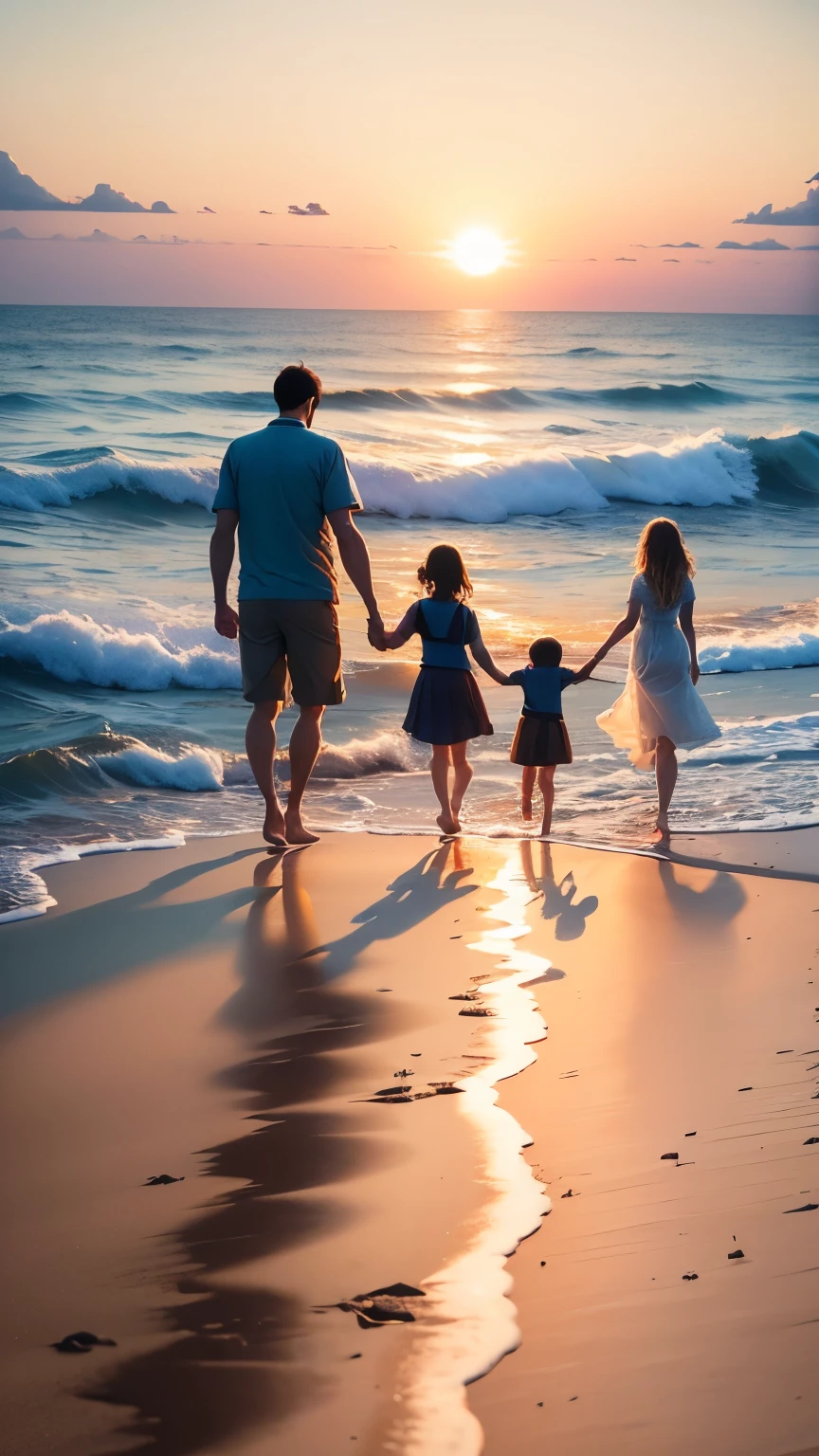 A family of four walks hand in hand on the sandy beach by the sea in the evening towards sunset.、smile
"(setting):(best quality),(masterpiece),(detailed),(ultra detailed),(insanely detailed),(ultra-quality),(highly detailed),(FHD)"
