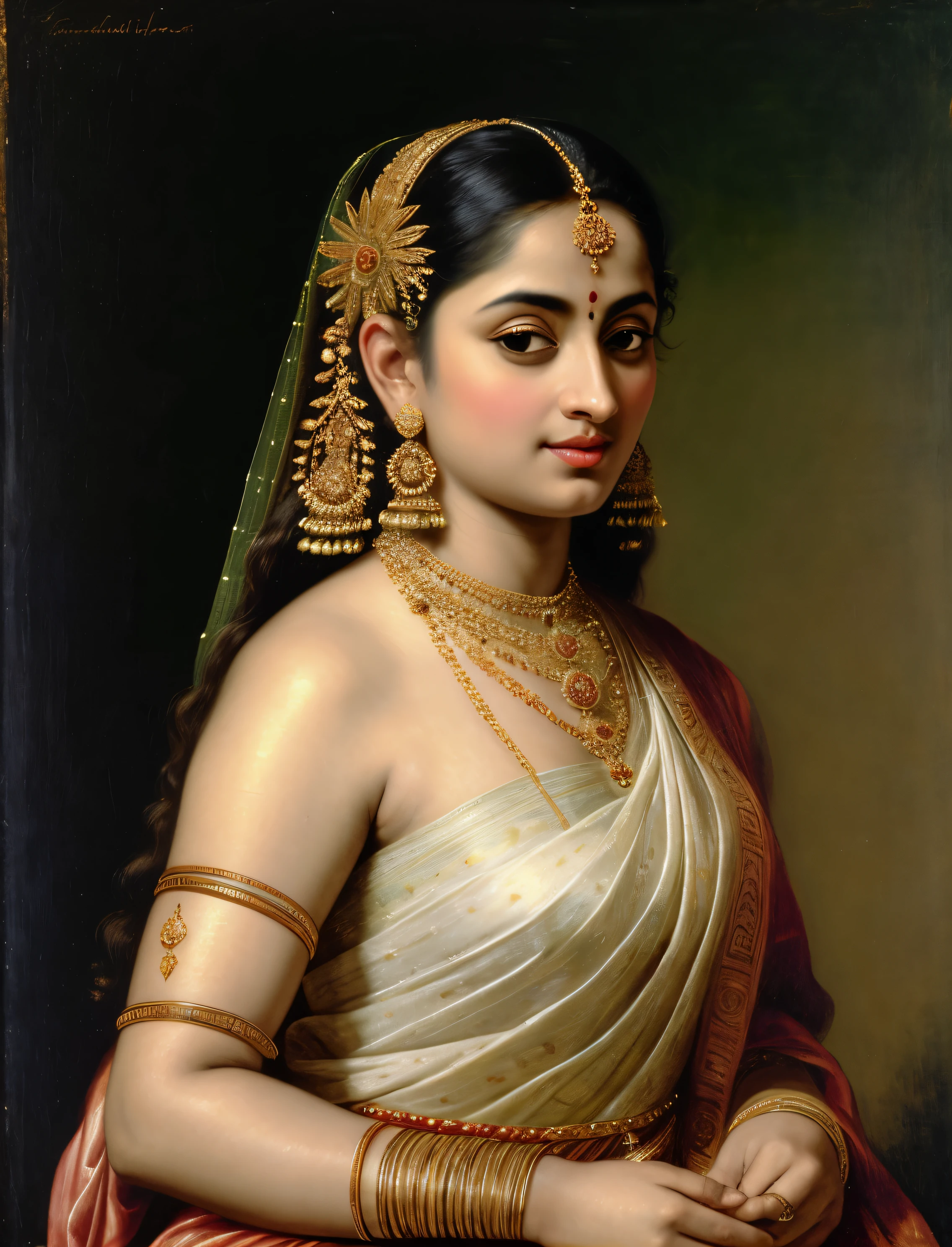 Beautiful Indian Woman, wearing saree, sari Beauty, gorgeous, Apsara, Maharani, royal queen woman, nymph from Hindu Mythology, Urvashi, matchless beauty, Highly detailed, Oil Painting by Peter Paul Rubens inspired by Raja Ravi Varma, Matchless beauty, captivating, gorgeous, heavenly beauty, celestial beauty, by Peter Paul Rubens, 13, realistic, hyper realistic, micro details, incredible artwork, insane details, ultra High resolution, 8k, 32k, acrylic on canvas, intricate, flawless, detailed, detailed face, detailed eyes, masterpiece, by Peter Paul Rubens, by Caravaggio, by William Adolphe bouguereau, perfect face, perfect body, beautiful art, realism, baroque, renaissance Art, highly textured, beautiful and detailed eyes, uhd, best quality,
