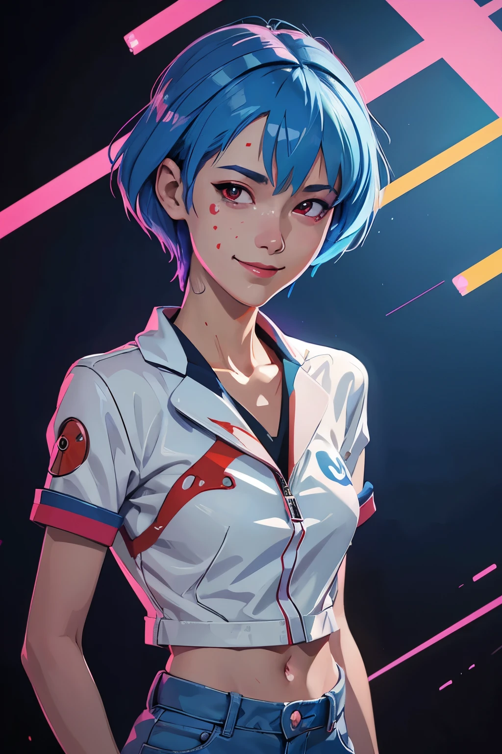 masterpiece portrait of smiling Rei Ayanami (evangelion), evangelion (Hideaki), caustics, high resolution illustration, red eyes, feminine, no pupils, blue hair,  short hair, japanese , loafers, swpunk, synthwave, paint splatters, shaded flat illustration, digital art, trending on artstation, highly detailed, fine detail, intricate, splatter, outrun, vaporware, neon colors