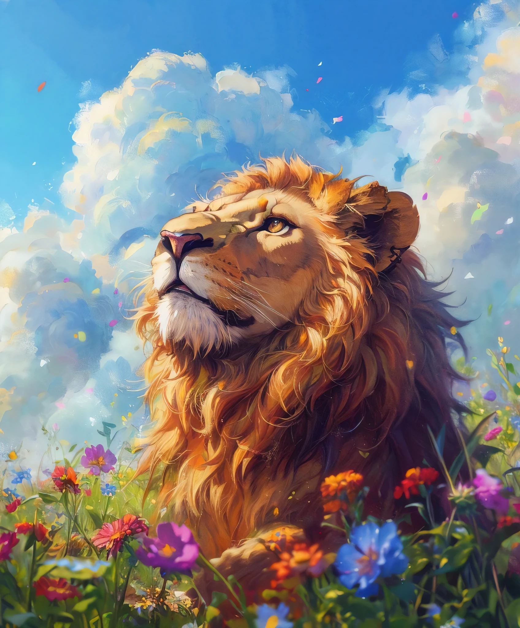 (happy lion,uplook sunny day,field of wild flowers,dreamy,rule of thirds,painting composition),(oil painting or pastel,ultra-detailed,professional,vivid colors,sharp focus,bokeh),(portrait,landscape),(warm colors,natural light)