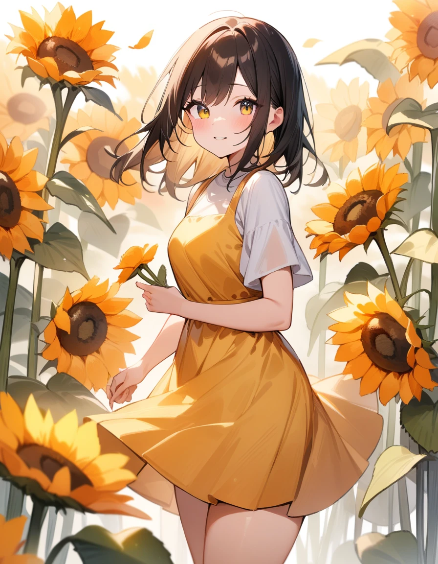 1girl, very aesthetic, (best quality,absurdres,masterpiece:1.2),vibrant and lively,loose watercolor,sunflower field,poppies blooming,soft and flowing brushstrokes,brilliant and vivid colors,crisp and serene background,high resolution