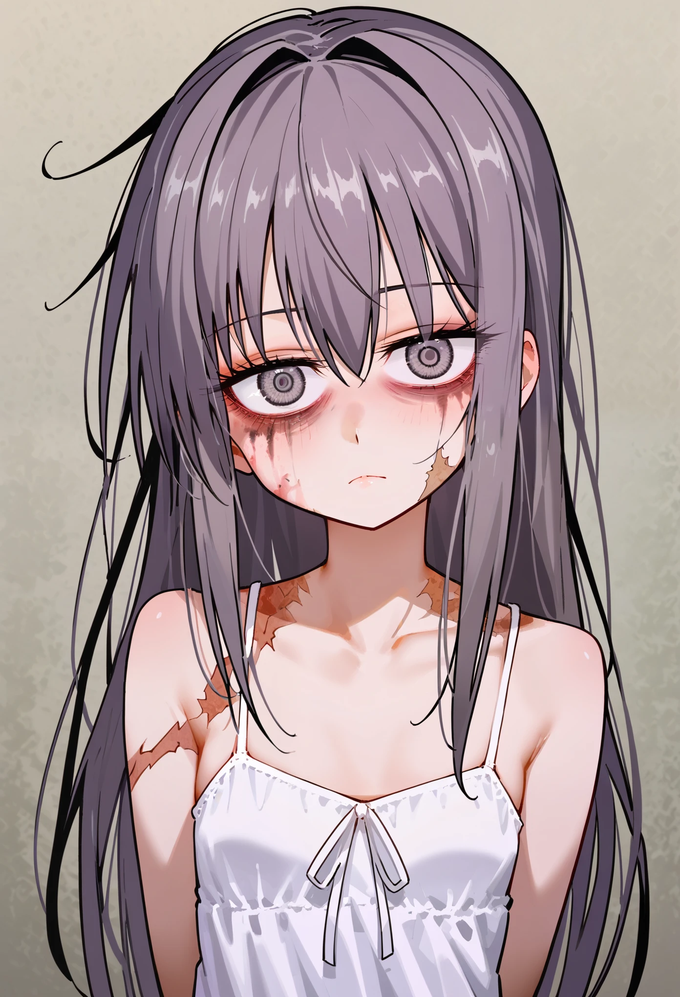 (masterpiece, best quality, absurdres), source_anime, (score_9, score_8_up, score_7_up, score_6_up, score_5_up, score_4_up), 1girl, solo, small breasts, dark gray hair, long hair, messy straight hair, dark gray eyes, scars, burn scars, neutral, bags under eyes, head tilt, brown sundress, standing, arms behind back, upper body, gray background, simple background, soft