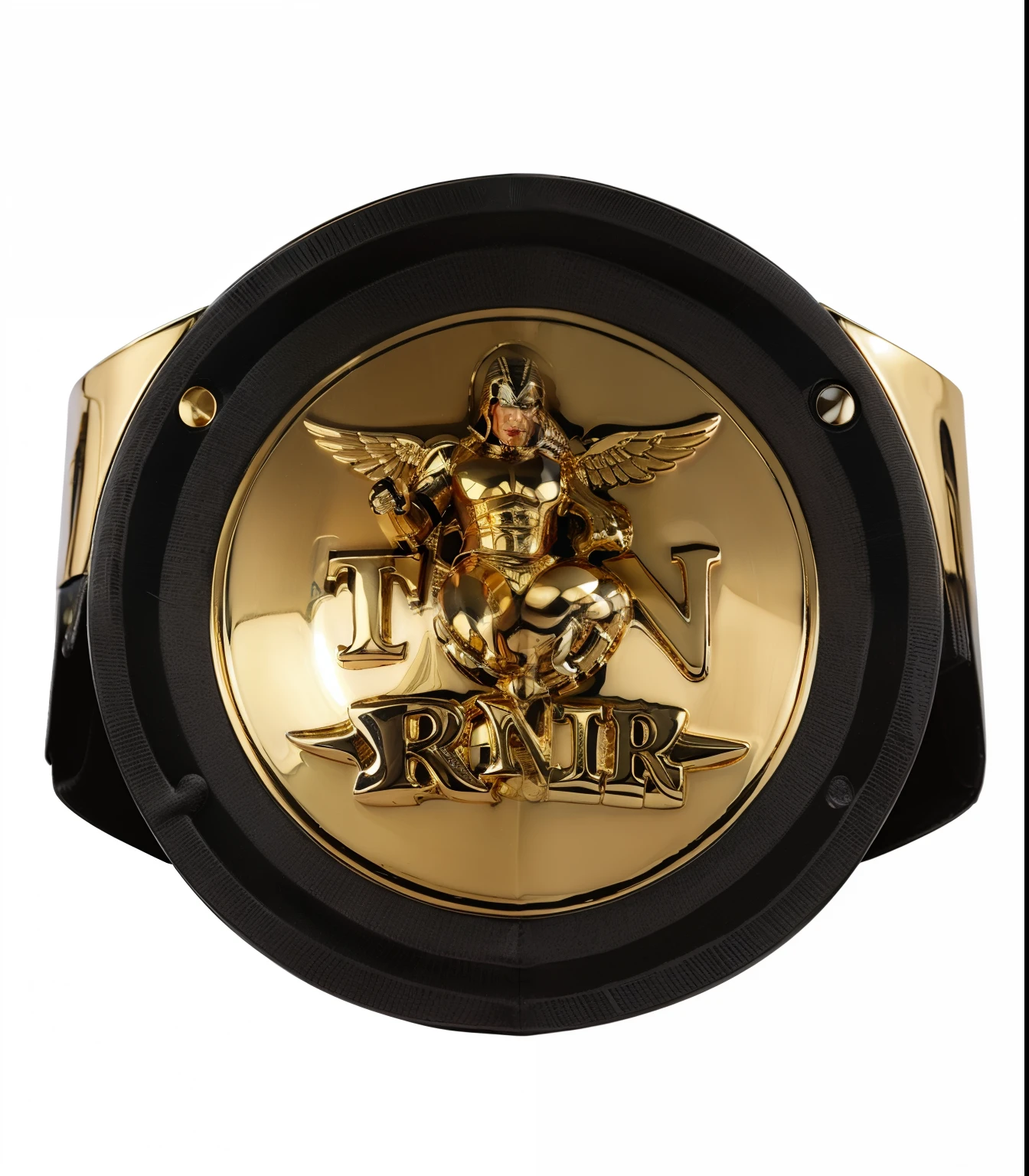 a close up of a realistic gold pro wrestling title face plate, 2k, 2 k, shield design, titan, medallion, realistic gold metal, full view, professional unique master piece, top view