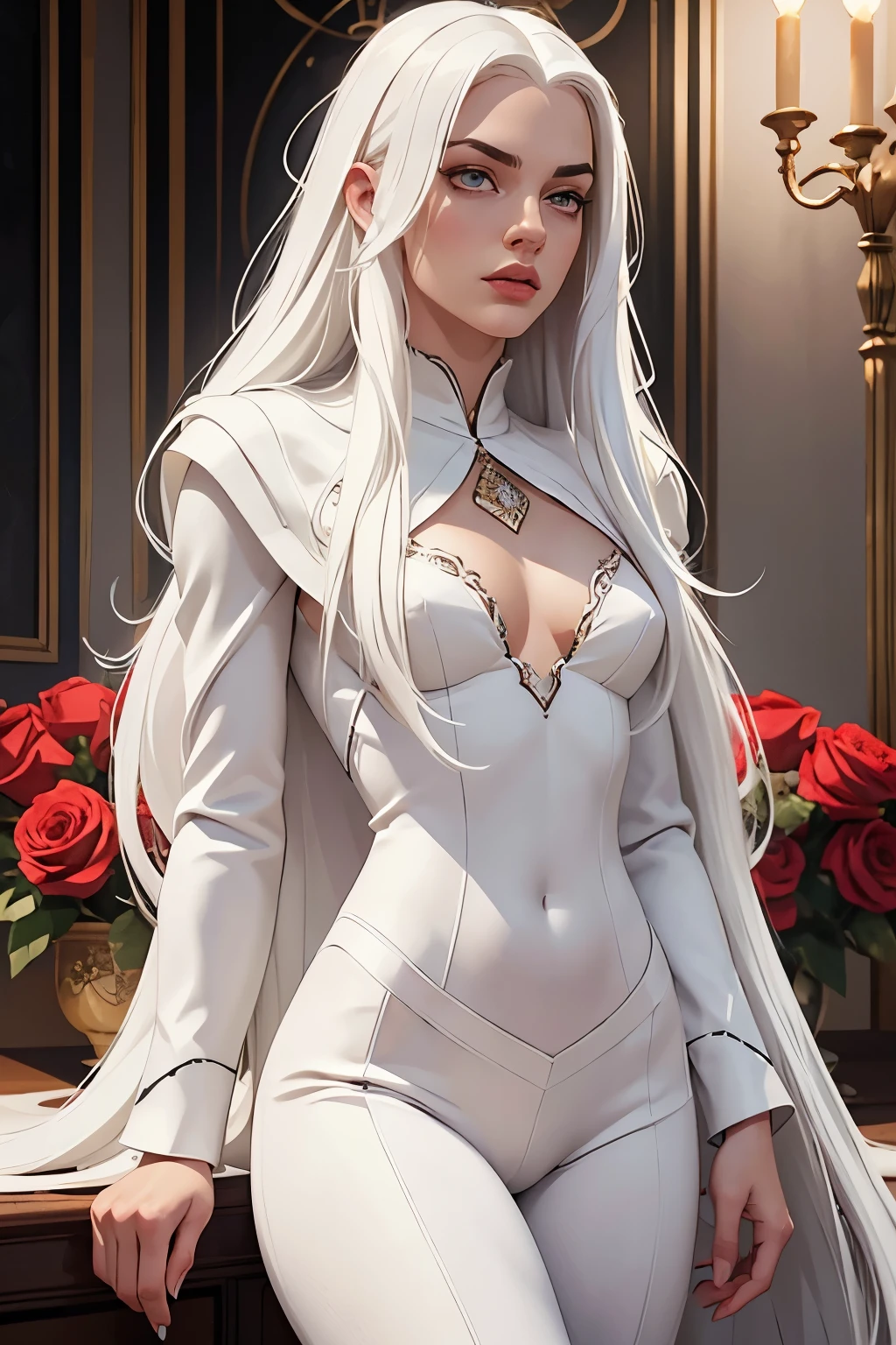 masterpiece, highest quality, solo , (perfect face:1.1), (high detail:1.1), dramatic, (1guy), pale skin, (long pure white hair:1.4), white eyes, Otto Seppalainen, solo, long hair, white luxury suit, covered navel, snob, albino, pouty lips, devil magician, volumetric lighting, detailed eyes, cinematic lighting, hyper detailed, intricately detailed, overwhelmingly pixel perfect, roses, fashion, seductive pose, on side BalenciagaStyle