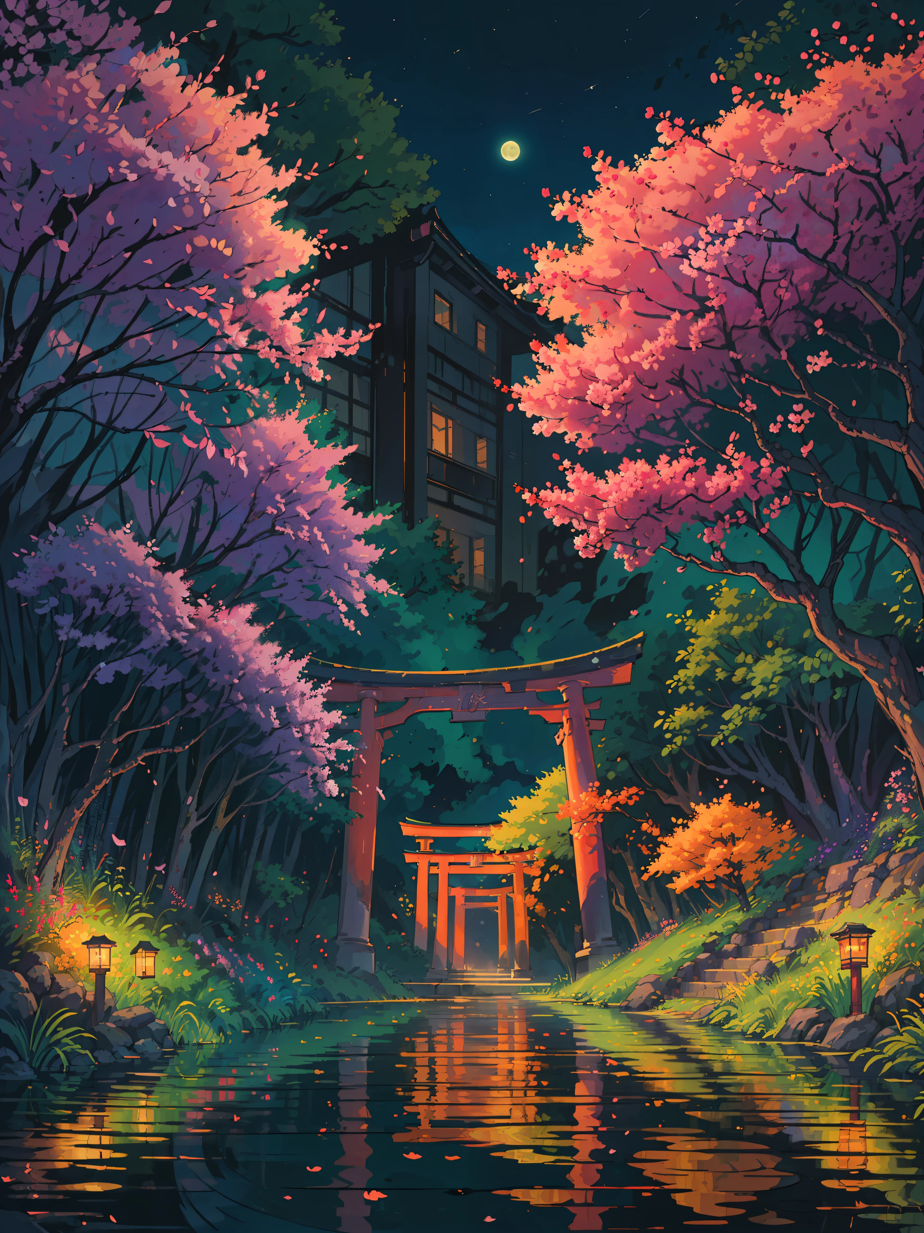 (masterpiece:1), (wide view:1.8),(Japanese torii:1.5), (nature:1.3), (night:1.6), (orange trees:1.65), silence, (spring season:1.5), (bushes:1.5), (plant pots:1.7), (dim light:1.5), magnificent sky, (forest around:1.6), (Bougainville flowers:1.4), (bright vibrant colors:1.6), (volumetric light:1.2), peaceful, (light decorations:1.5), (aesthetically pleasing:1.5),(purple and magenta sky:1.6), (calmness:1.3), (ambient light:1.5), (scenery:1.4), (beautiful aesthetics:1.2), (landscape:1.5), (reflection:1.4) beautiful tones, subtle colors, peaceful, (illustration: 1.0), epic composition, realistic lighting, (no human:1.6), HD details, masterpiece, best quality, ,