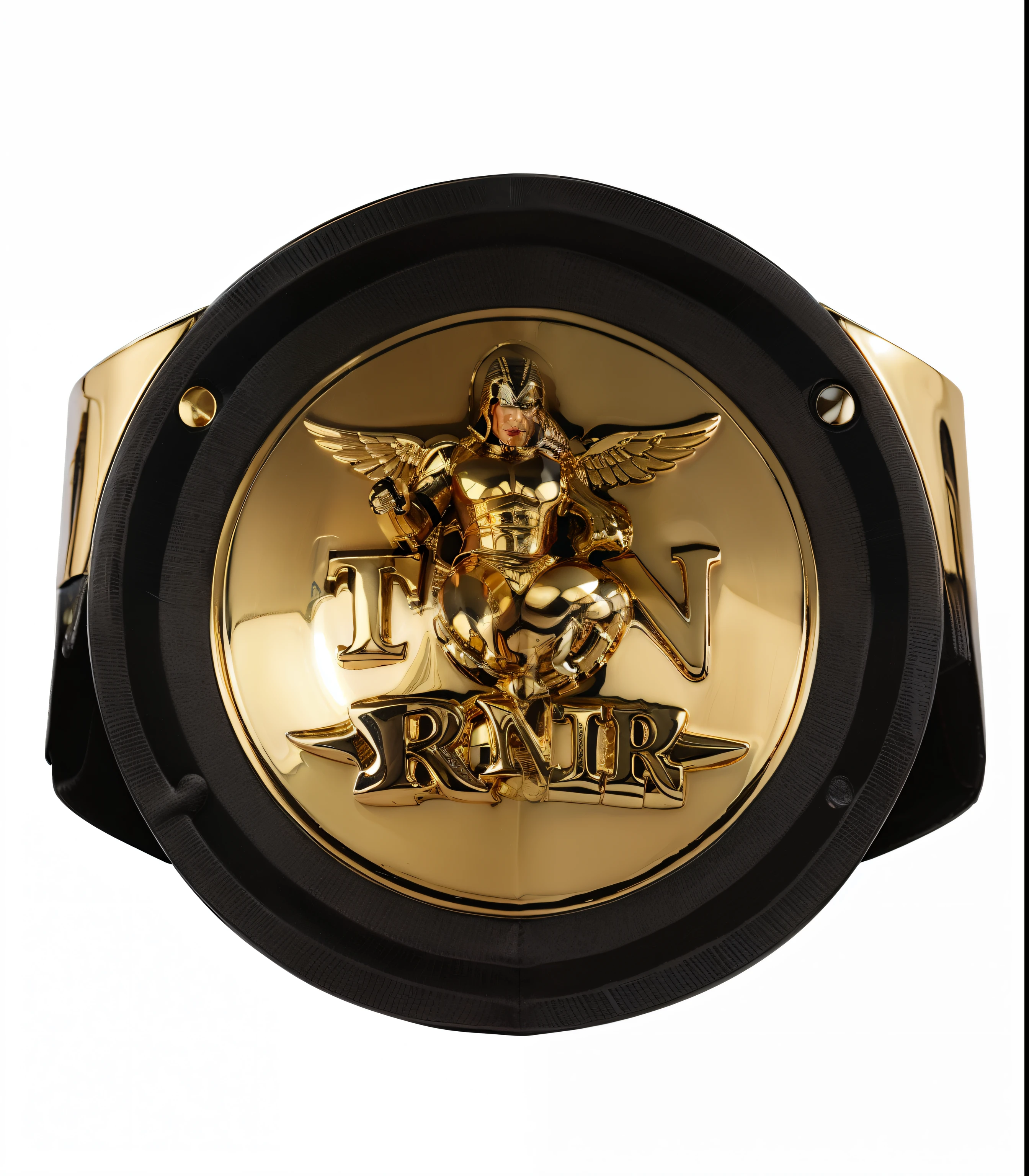 a close up of a realistic gold pro wrestling title face plate, 2k, 2 k, shield design, titan, medallion, realistic gold metal, full view, professional unique master piece, top view
