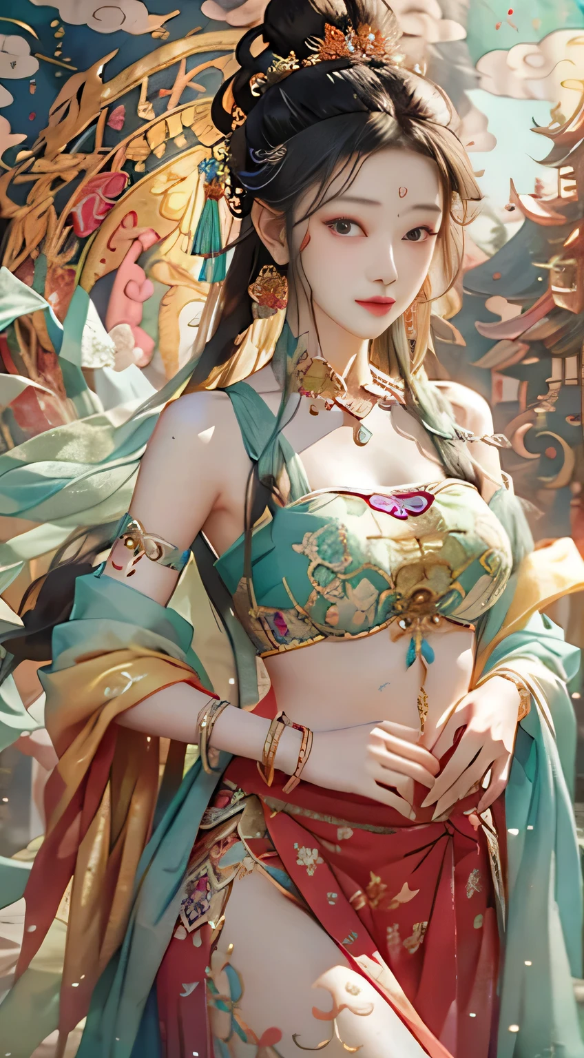 An ancient Chinese beauty with gorgeous costumes embroidered with intricate embroidery, with transparent colorful streamers tied around her arms, flowing, showing her navel, bare shoulders, open neck with buns, flower hairpins, armbands tied with streamers, bracelets, anklets , with metal chain tassels around the waist, Mogao Grottoes art, Dunhuang Flying Apsaras mural inspiration, ink wash, cgstation popular --v 6