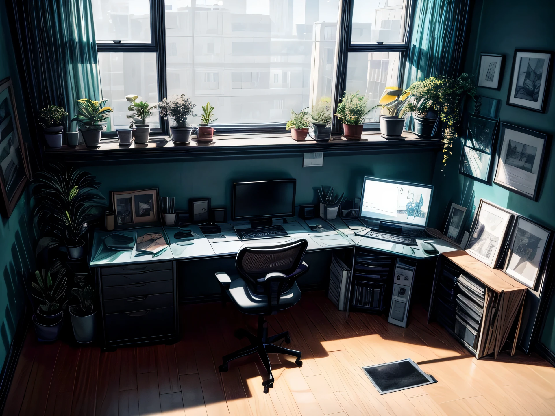 A photo of a minimalistic room in dark tones with yellow accents, dark gray floor, teal walls, black curtains, home office of a digital artist under big window in center, several small cacti on windowsill, long wide white table with two big monitors, personal computer, keyboard and graphic table, second drawing table with paper, drawers with art supplies, shelves with scanner and printer, small ring lamp
