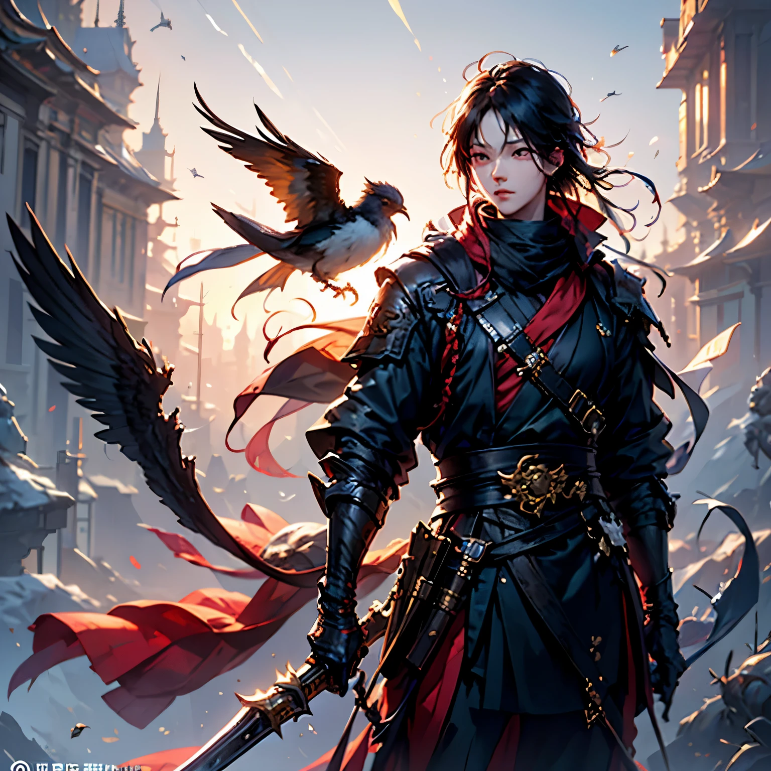 there is a boy with a bird in his hand, by Yang J, artwork in the style of guweiz, guweiz on artstation pixiv, guweiz on pixiv artstation, guweiz, from arknights, young shadow mage male, by Zeng Jing, by Li Song, trending on artstation pixiv, by Victor Wang