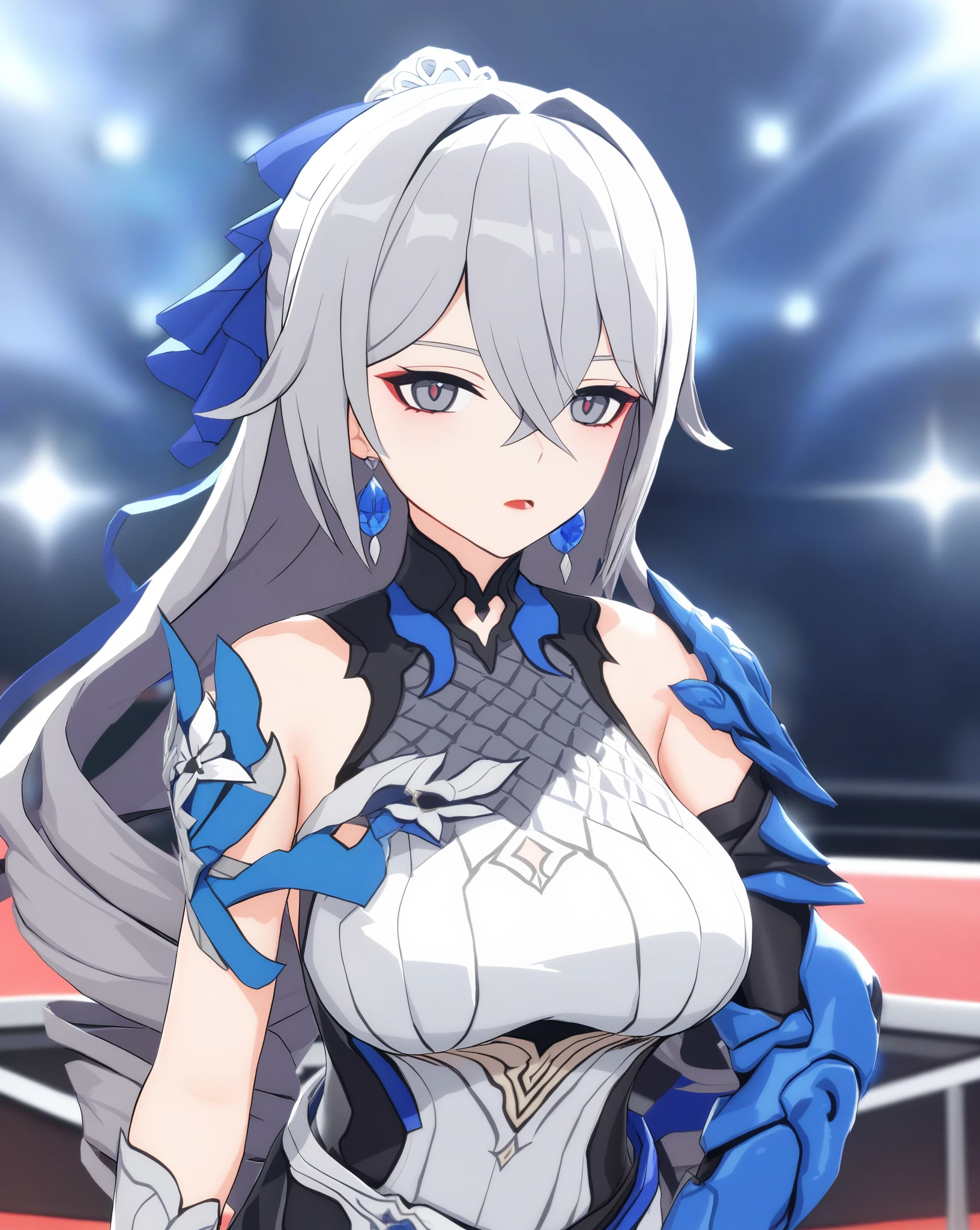 masterpiece, Best quality�����������mmd, 1 girl, Bronya Zajczyk, breast, alone, long hair, split, gray hair, gray eyes, Keep your mouth shut, earrings, Bangs, jewelry, skirt, bare shoulders, sleeveless, hair between eyes, 单pauldron, looking at the audience, large breast, armor, shoulder armor, drill hair, sleeveless skirt, Upper body, single sleeve, double diamond, white skirt, pauldron, Poker face