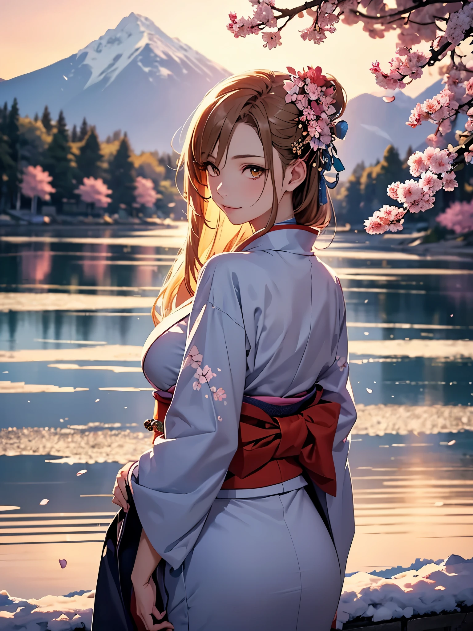 Asuna, masterpiece, best quality, detailed, (1 girl), alone, detailed golden eyes, long hair, permanent, Be close to the audience, (detailed kimono), gentle smile, plump big breasts,  (Put your arms behind your back), water, Sunset, (hair accessories), (cherry blossoms in bloom),  Snowy mountains and lake in the background