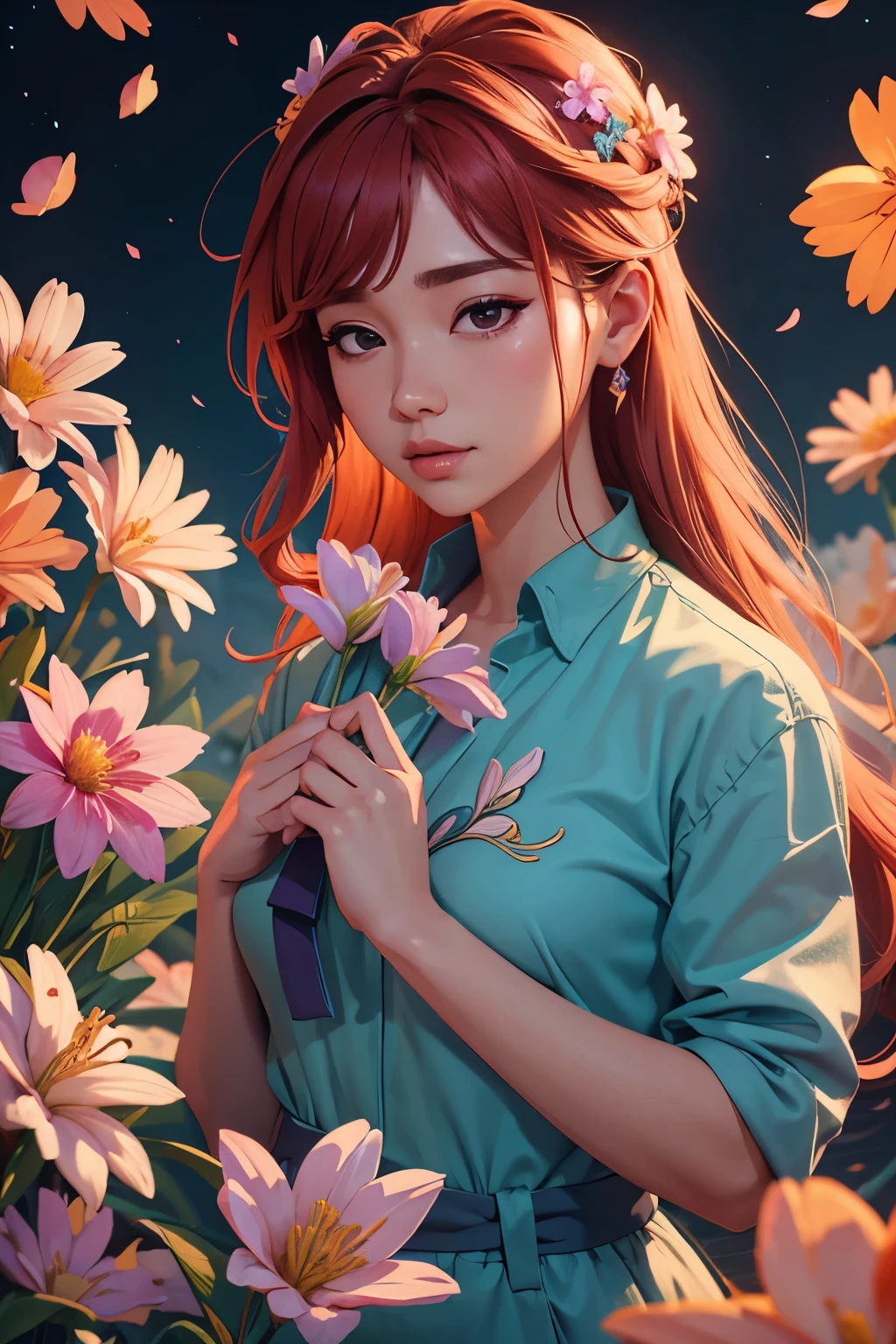 (extremely detailed CG unity 8k wallpaper), lighting, sea of flowers, flowers, 1girl, upper body, kpop idol,