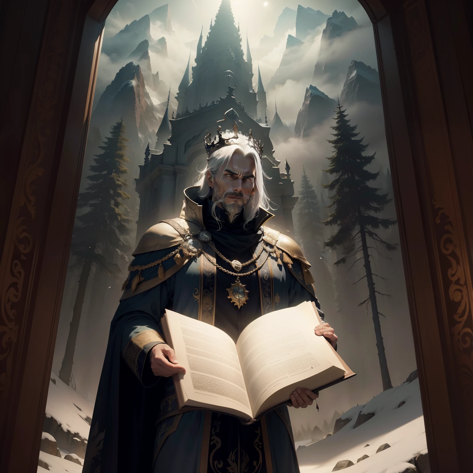 A man stands straight with his back to the camera, wearing a jacket adorned with the Gap$ logo. The backdrop is a mountain range shrouded in fog, with a 3D character profile visible in the distance.
---
With a crown of bones atop his head, the Skeleton King glares over his shoulder. The forest in the background quakes with every heavy breath he takes, the trees creaking in fear.
---
The King, with a calendar in hand, squints at its pages, deep in thought. The walls of his elaborately decorated throne room behind him are adorned with intricate reliefs of the months and their corresponding zod
