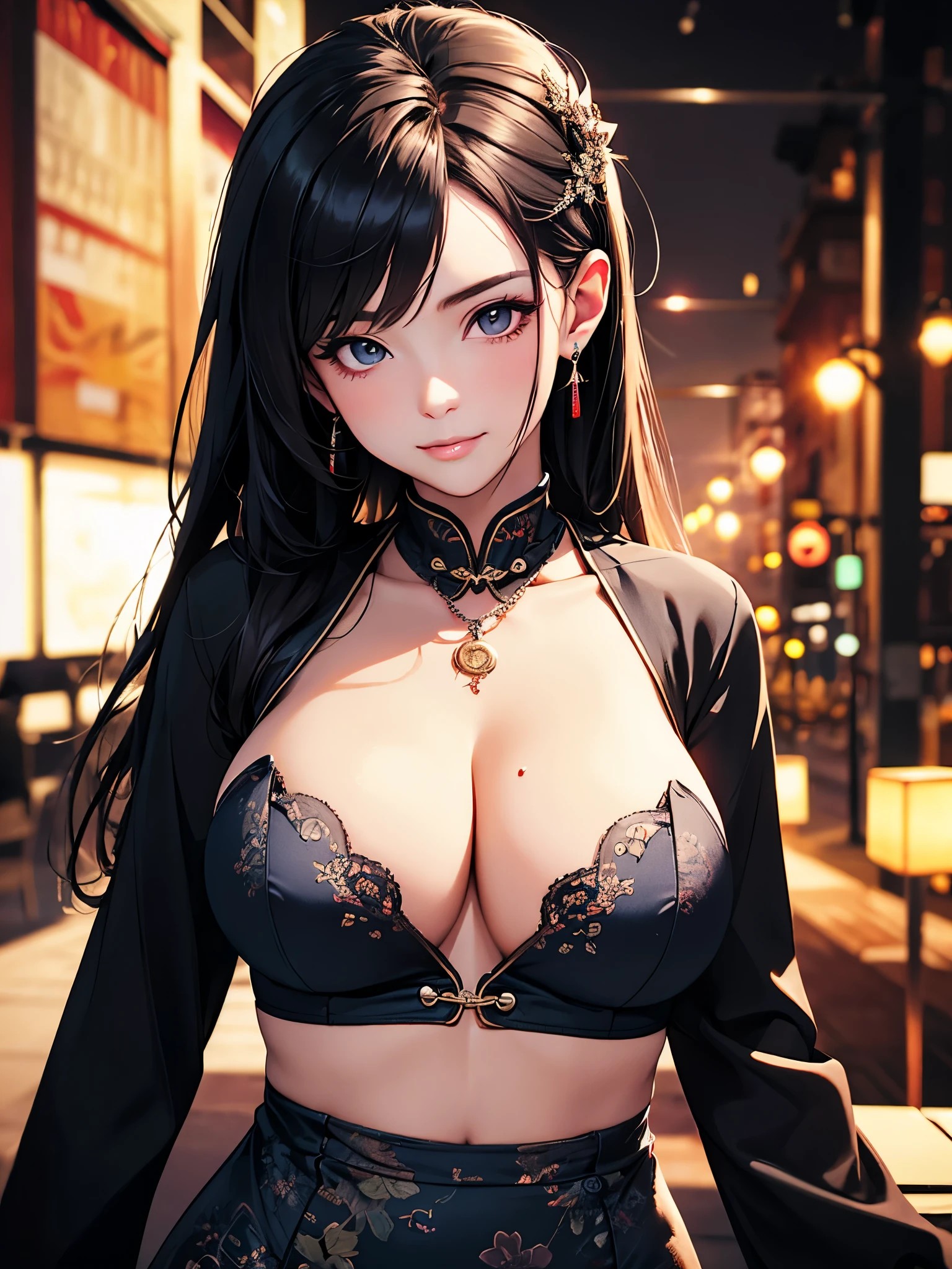 ultra high definition, best quality, masterpiece, highest resolution, a girl, cheongsam, headgear, necklace, jewelry, Sexy face, seductive smile, plump big breasts, above_Body, Tyndall effect, lifelike, dark studio, edge lighting, two-tone lighting, (HD skin: 1.2), 8K uhd, SLR camera, soft light, high quality, Volumetric lighting, frank, photography, Highest resolution, 8K, Bokeh,