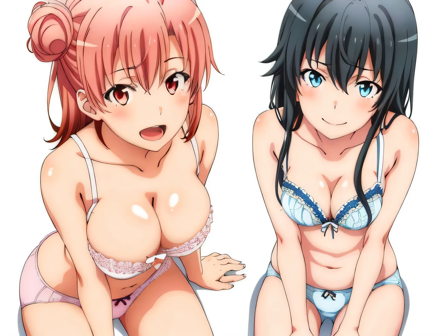 2 girls , Yukinoshita Yukino , yuigahama yui&#39;bust and thighs are great,In underwear,sit facing forward,,Detached bra,nipple,belly button,light pink panties,white panties,thighs,knees,(high angle),(beautiful eyes),open mouth smile,Insert your head