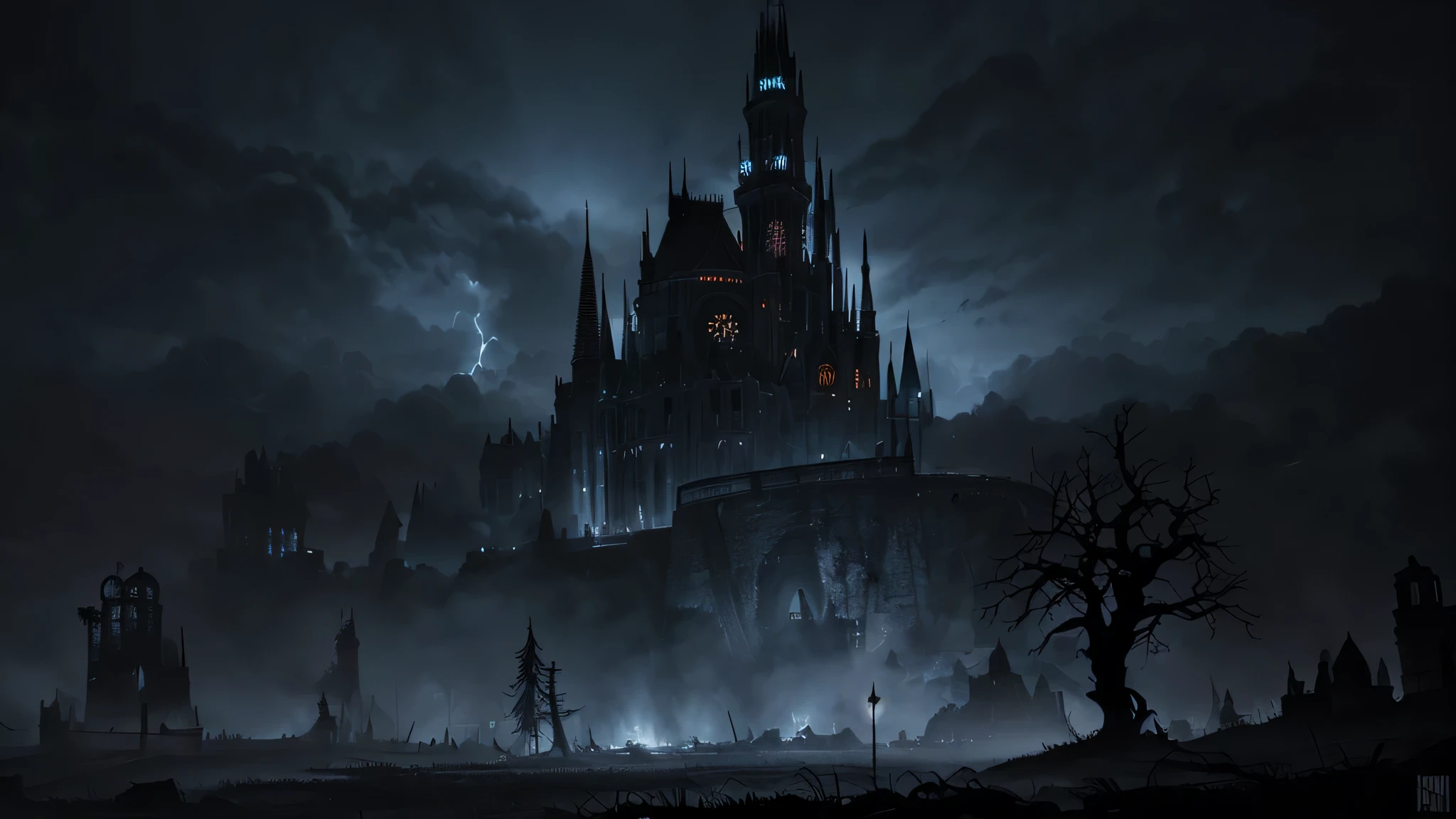 gritty, dystopian landscape, ruins, decaying buildings, eerie ambiance, haunting shadows, blood-red moon, flickering torches, dense fog, twisted trees, overgrown moss, cobbled streets, crumbling statues, ominous castle, gothic architecture, sinister creatures, menacing shadows, glowing eyes, tattered cloaks, weathered swords, ancient runes, mystical artifacts, spells, enchanted amulets, dark magic, ethereal beings, ghostly whispers, thunderous storms, lightning strikes, intense contrast, dramatic lighting, desaturated colors, eerie silence, brooding atmosphere, foreboding sense of danger, macabre beauty, otherworldly creatures, spellbinding darkness, hauntingly beautiful scenes, surreal landscapes. (best quality,4k,8k,highres,masterpiece:1.2),ultra-detailed,(realistic,photorealistic,photo-realistic:1.37),HDR,UHD,studio lighting,ultra-fine painting,sharp focus,physically-based rendering,extreme detail description,professional,grim, dark, fantasy world.