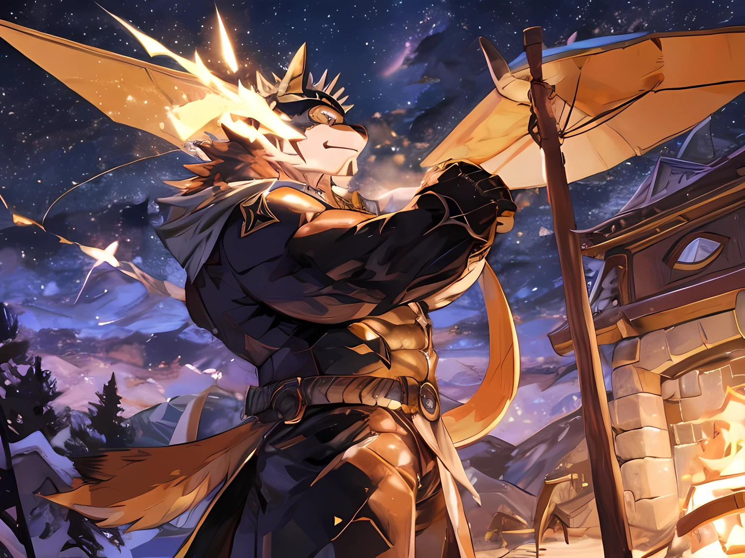 ((Anthropomorphic, (Solo), Single, Male, Muscle, , 65 years old, in SWAT clothes, Dream World, Perfect scaling, Masterpiece, High Definition, Best Drawing, Illustration, By ZiXiong_)), stars are approaching him, in the trees alone watching from above, Light above the Trees, Position: Flying on, Stargazing, Beautiful atmosphere, Lighting, on the Atmosphere, Reaching the stars