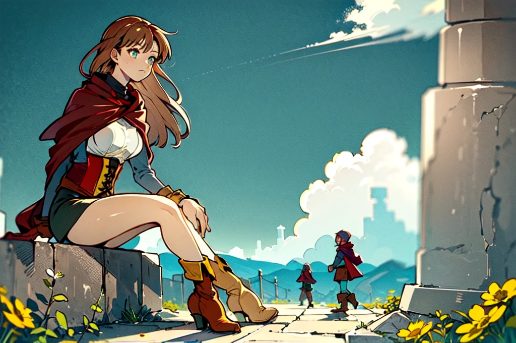 1 woman, 1 adult woman, solo, focus, red capelet, blue shirt, blue skirt, brown laced corset, brown long boots, deep cyan eyes, blue eyes, orange hair, slim golden forehead band, silhouette, backlighting, sitting cross legged, meadow, flowers, outdoors, white clouds, blue sky, cows, dogs,
