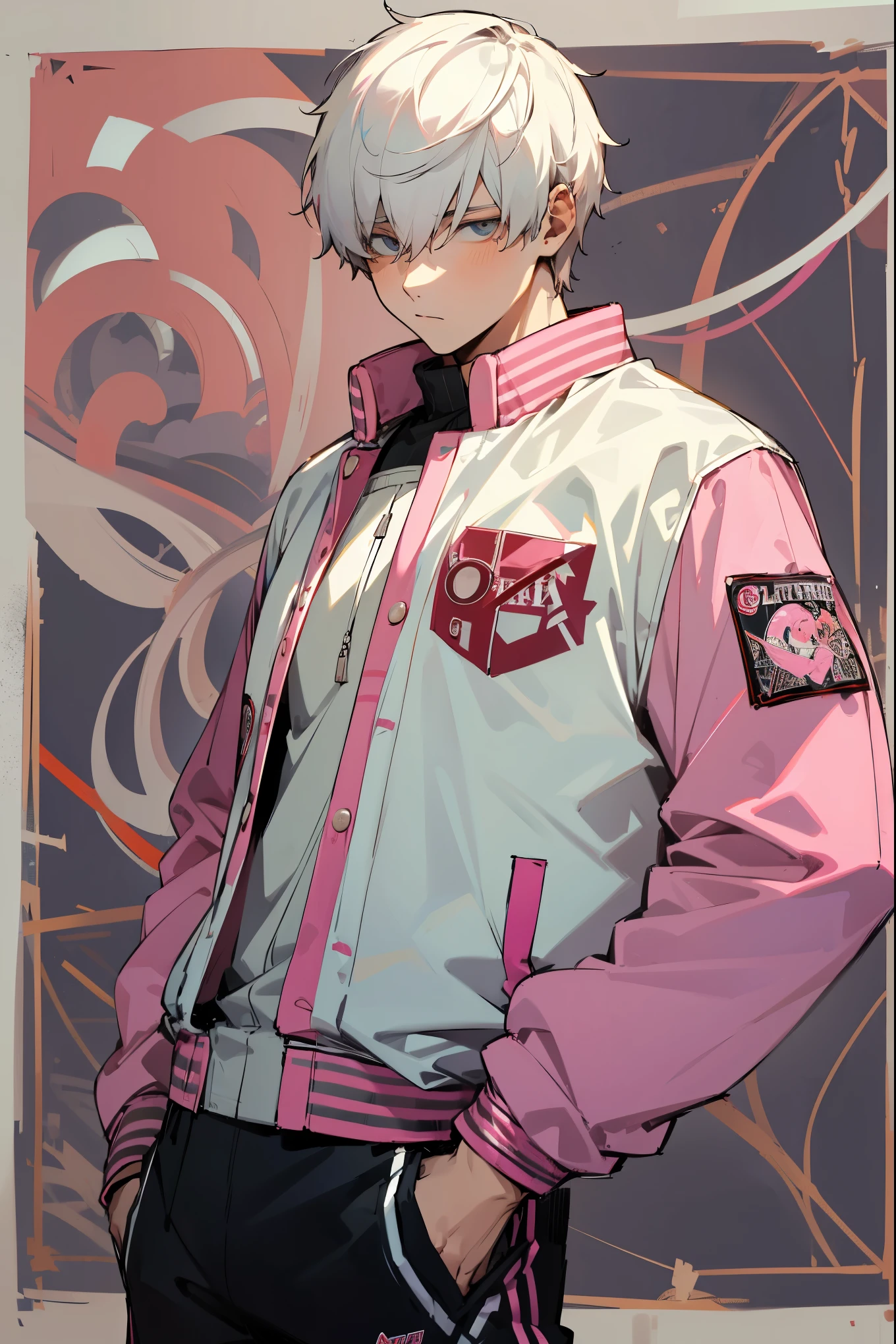 1male, white hair, hair over eyes, muscular, white undershirt, (basketball court), detailed background, ((black and pink clothing)), hands in pockets, (((letterman jacket))), expressionless