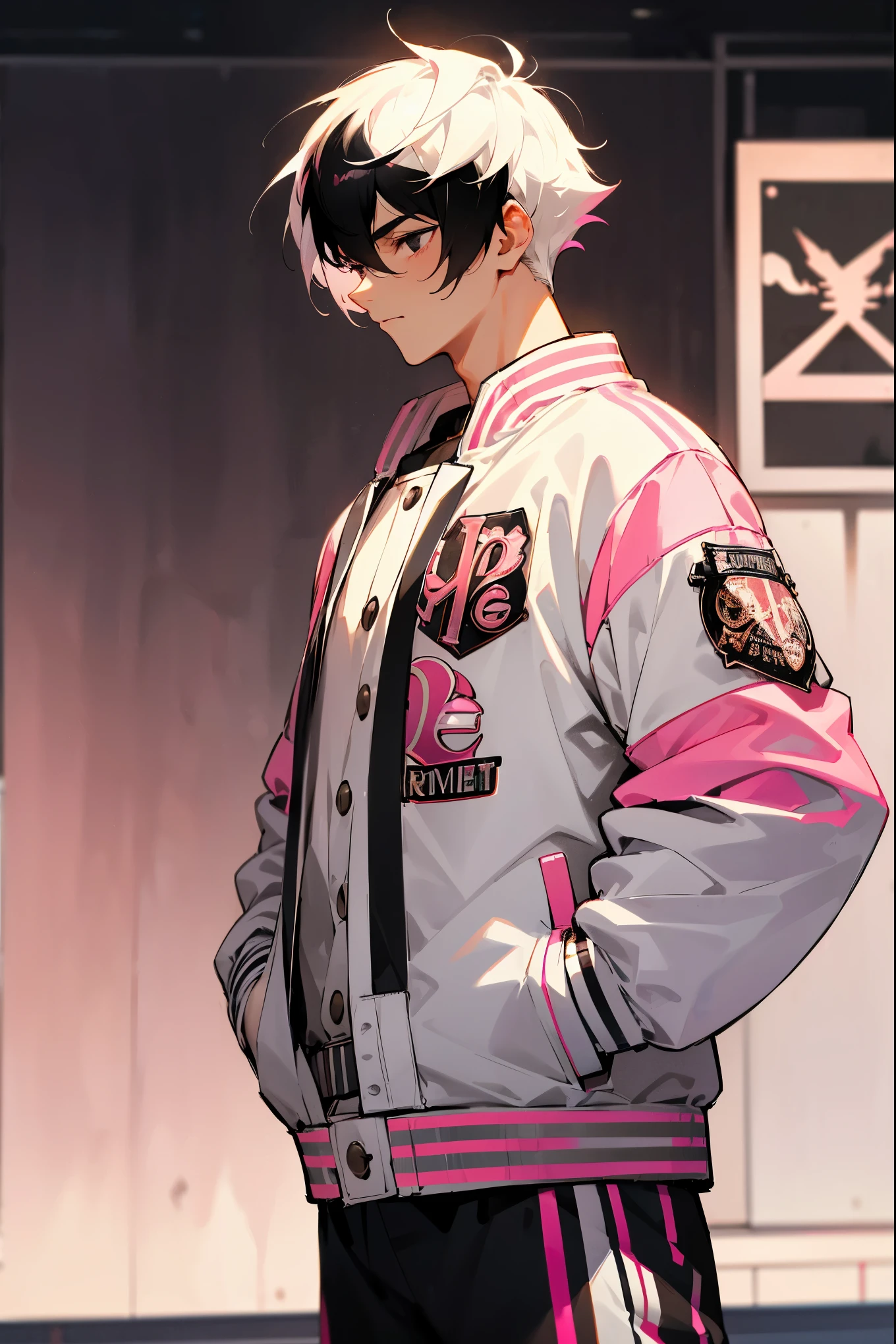 1male, black hair, (white tips), ((gradient hair)), (white tipped hair), (white hair highlights), black eyes, muscular, white undershirt, (basketball court), detailed background, ((black and pink clothing)), hands in pockets, (((letterman jacket))), black aviators, expressionless