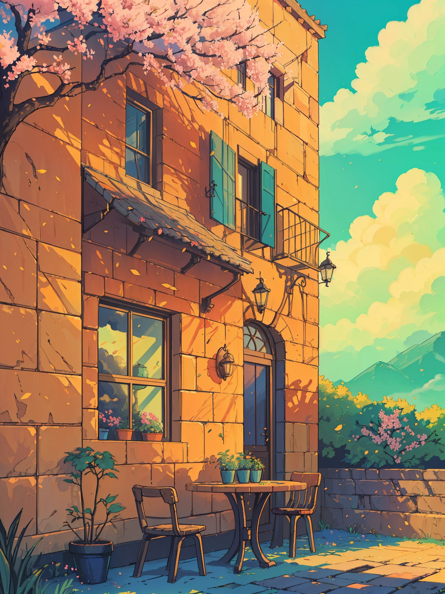 (masterpiece:1), (wide view:1.8),(cafe outside dining setup:1.5), (nature:1.3), (sunny day:1.6), (orange trees:1.65), silence, (spring season:1.5), (bushes:1.5), (plant pots:1.7), (bright light:1.5), magnificent sky, (bicycle parked:1.6), (Bougainville flowers:1.4), (bright vibrant colors:1.6), (volumetric light:1.2), peaceful, (food on table:1.5), (aesthetically pleasing:1.5),(blue sky with clouds:1.6), (calmness:1.3), (ambient light:1.5), (scenery:1.4), (beautiful aesthetics:1.2), (landscape:1.5), (sanlight falling on wall:1.4) beautiful tones, subtle colors, peaceful, (illustration: 1.0), epic composition, realistic lighting, (no human:1.6), HD details, masterpiece, best quality, ,