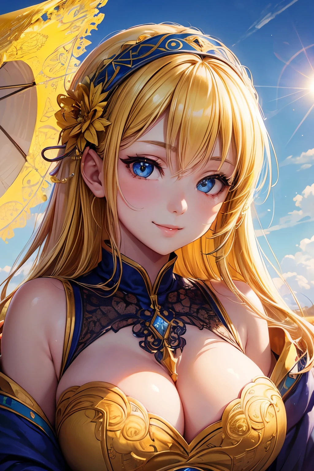 masterpiece, best quality, best quality, (Intricate detailed:1.2), beautiful eyes, 1girl, solo, outdoors, blue sky, cloudy, bokeh, lens flare, anamorphic lens flare, depth of field, seductive face, seductive smile, heanna_sumire, yellow hair, red headband,