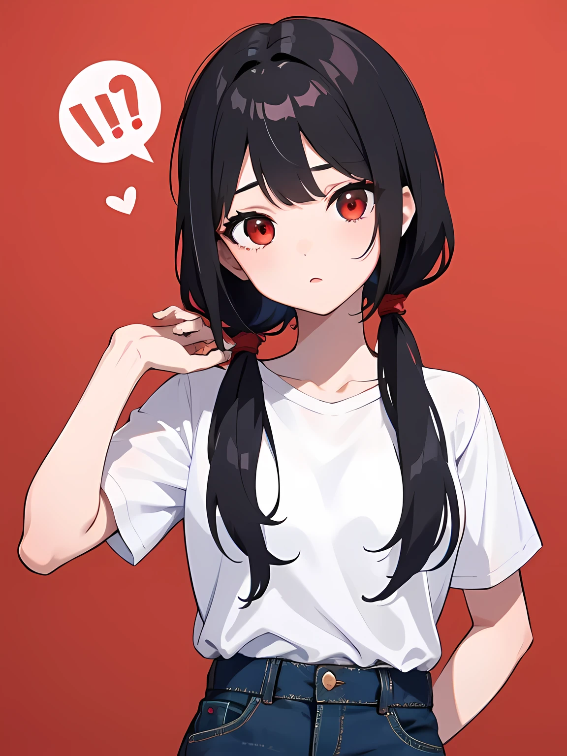 1 girl,One,upper body,I look at the viewer,facing the viewer,low ponytail,black hair,Red eyes,split bangs,red hairstyle,White T-shirt,denim shorts,Hair pulled back,cap