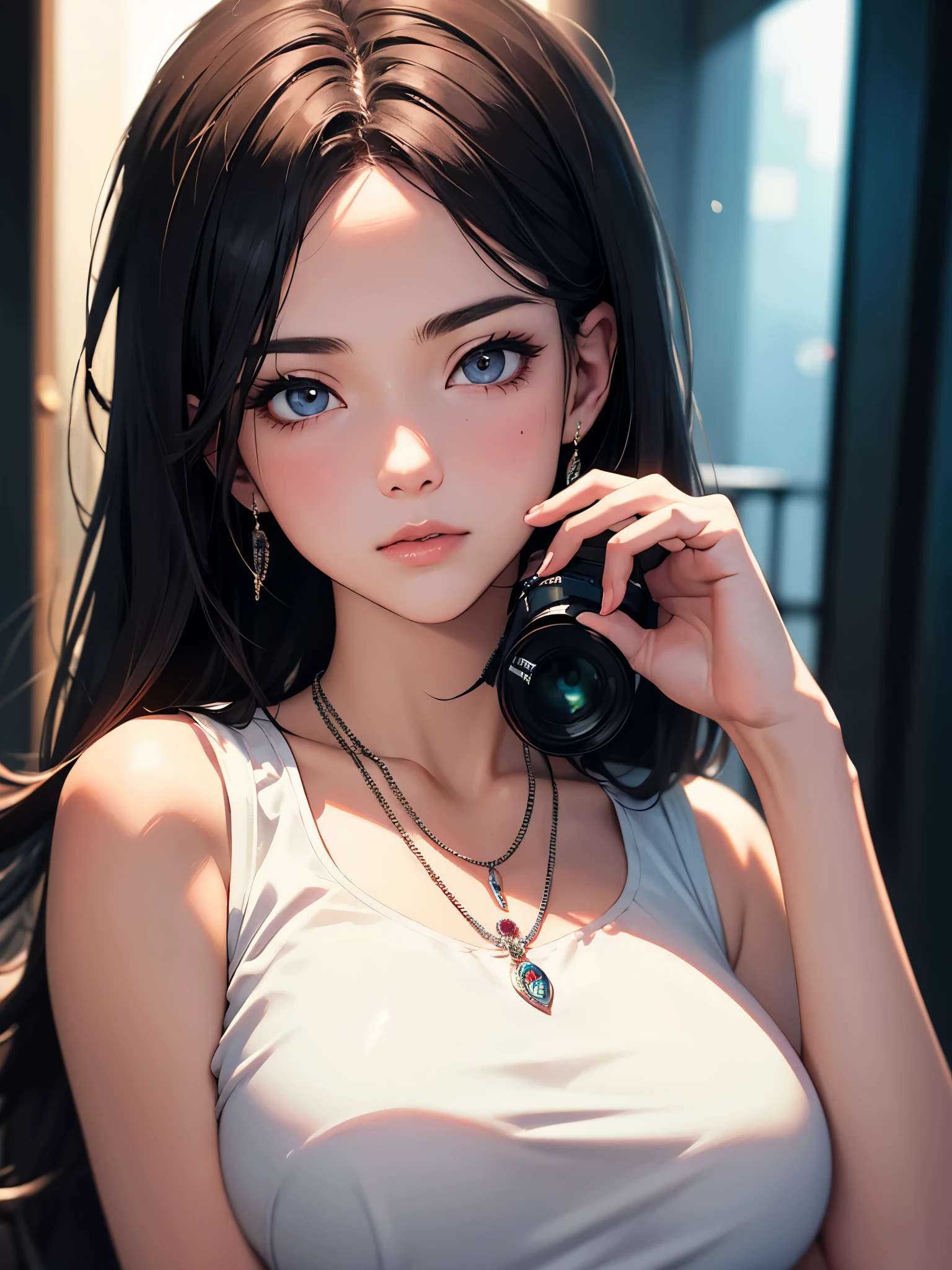 best quality, masterpiece, high resolution, a girl, cheongsam, headgear, necklace, jewelry, pretty face, big breasts, above_Body, Tyndall effect, lifelike, dark studio, edge lighting, two-tone lighting, (HD skin: 1.2), 8K uhd, SLR camera, soft light, high quality, Volumetric lighting, frank, photography, High resolution, 4K, 8K, Bokeh,
