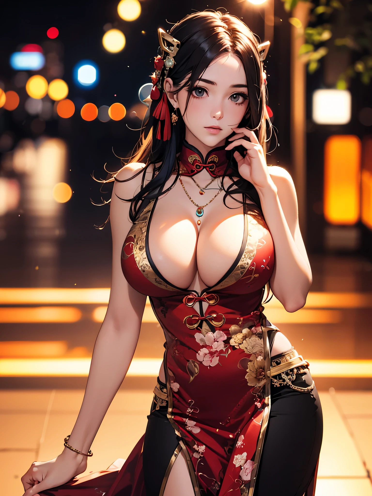 best quality, masterpiece, high resolution, a girl, cheongsam, headgear, necklace, jewelry, pretty face, big breasts, above_Body, Tyndall effect, lifelike, dark studio, edge lighting, two-tone lighting, (HD skin: 1.2), 8K uhd, SLR camera, soft light, high quality, Volumetric lighting, frank, photography, High resolution, 4K, 8K, Bokeh,