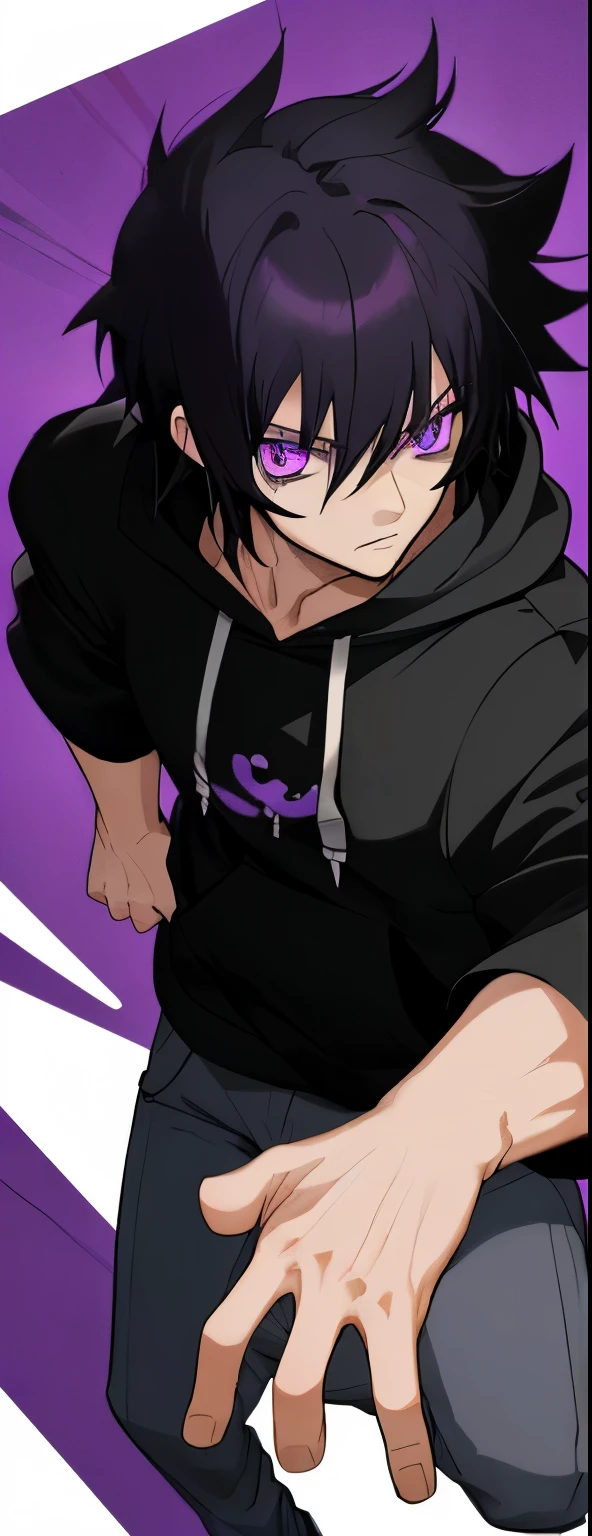 anime characters,man,black hair,mysterious,purple eyes,black shirt,Wear a hoodie.