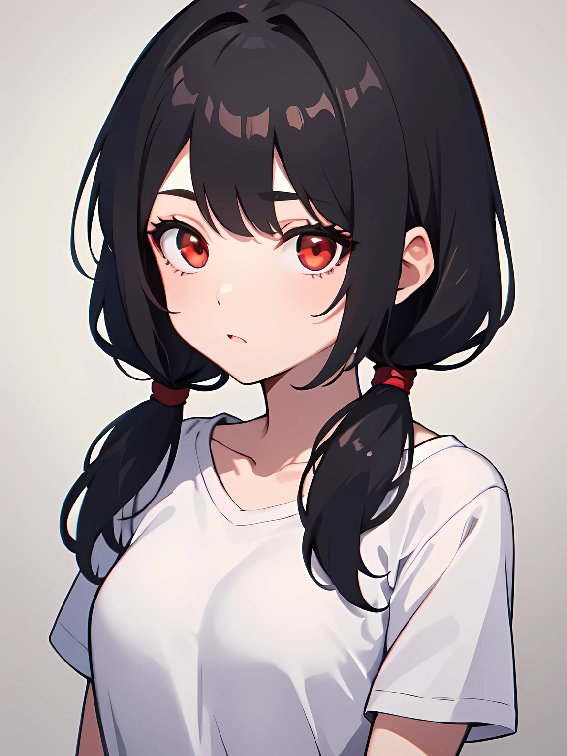 1 girl,One,upper body,I look at the viewer,facing the viewer,low ponytail,black hair,Red eyes,split bangs,red hairstyle,White T-shirt,denim shorts,Hair pulled back,cap on his head