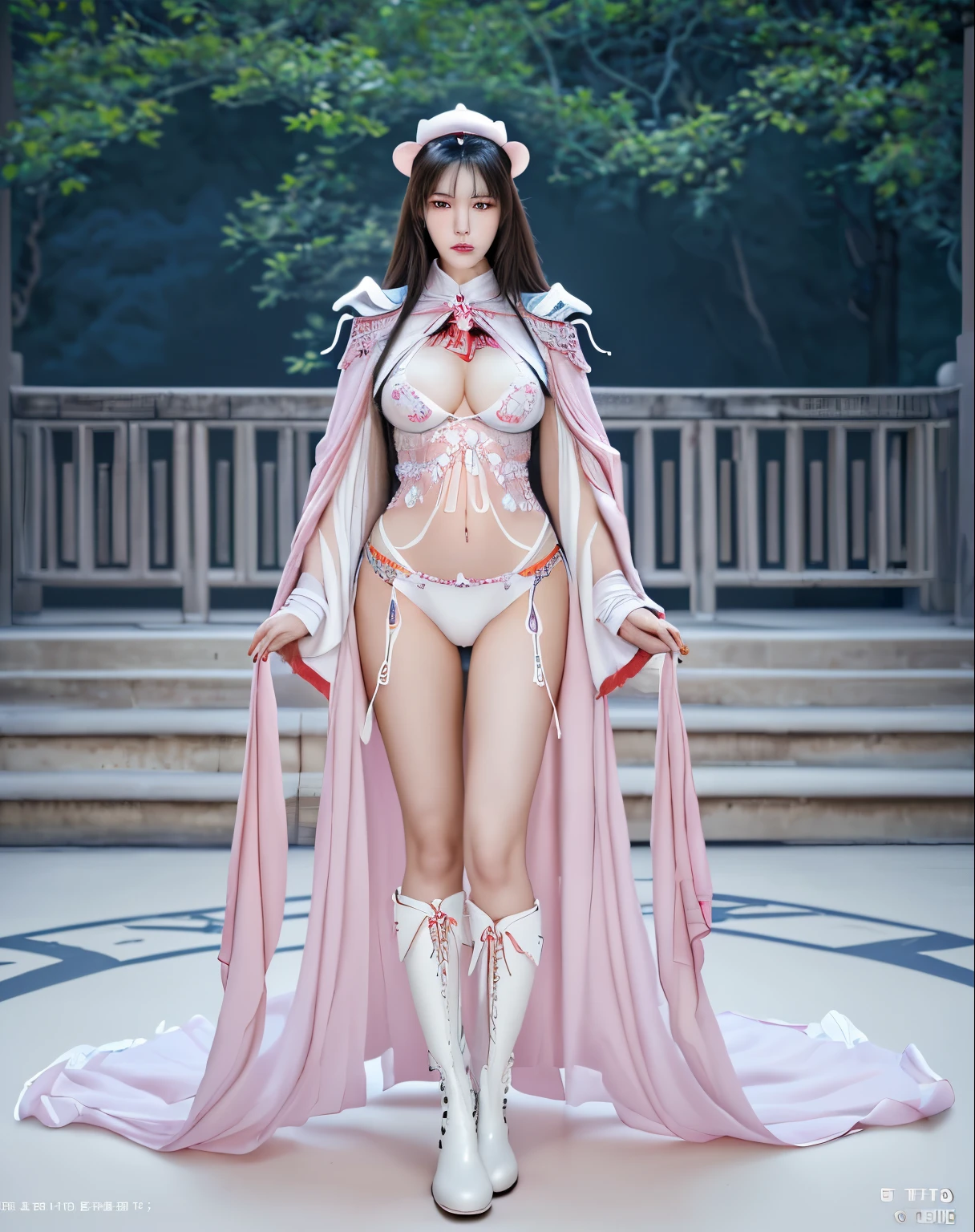 beautiful and delicate woman,The eyes and face are very detailed, exquisite eyes, super detailed, High resolution, The content is very detailed,best quality,EnLightenment,unity,8k wallpaper,masterpiece,best quality,imagine，1 girl，Chinese ancient clothes, Wear sexy white bikini armor，Metal style, big breasts, high cut underwear, 盔甲有圖案Metal style的, Big red priest cloak，priest hat，standing posture，long legs，Put on pink blue and white boots，look at the audience，facing the audience，flowing long hair，Surreal 8000g，Impeccable，masterpiece，professional artwork，famous artwork，Light，movie bloom，perfect face，pretty face，fantasy，Dreamy and magical，not real，intricate details，Exquisite pattern…Korean woman’s face