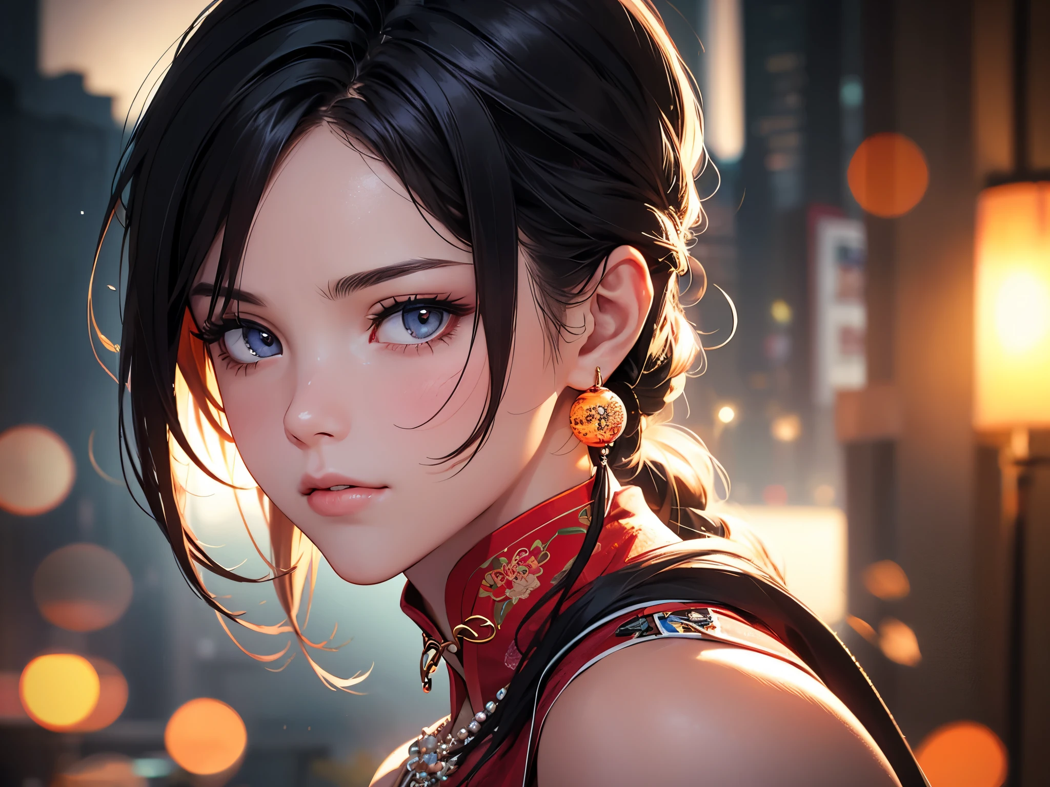best quality, masterpiece, high resolution, a girl, cheongsam, headgear, necklace, jewelry, pretty face, above_Body, Tyndall effect, lifelike, dark studio, edge lighting, two-tone lighting, (HD skin: 1.2), 8K uhd, SLR camera, soft light, high quality, Volumetric lighting, frank, photography, High resolution, 4K, 8K, Bokeh,