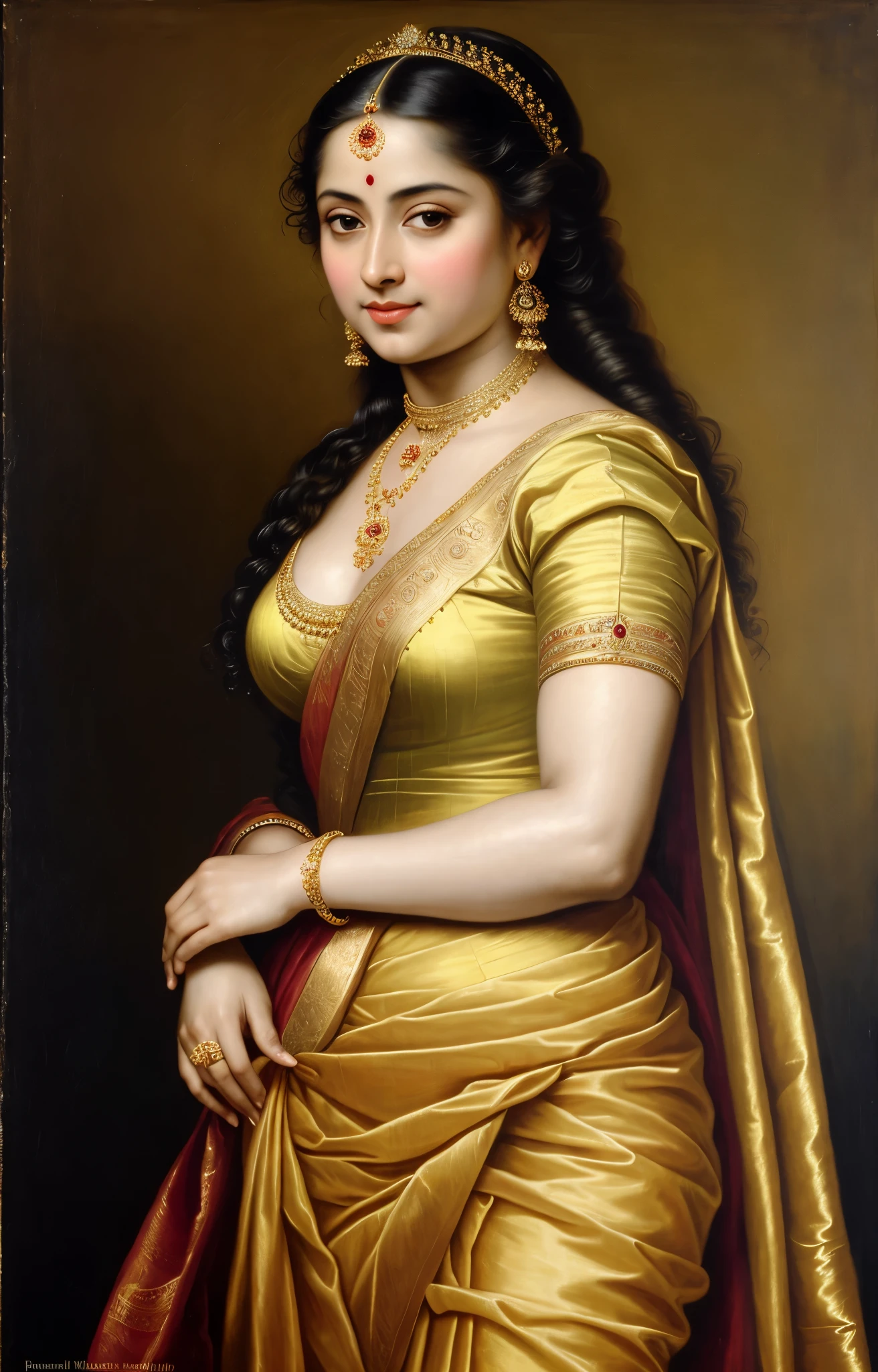 Beautiful Indian Woman, wearing saree, sari Beauty, gorgeous, Apsara, Maharani, royal queen woman, nymph from Hindu Mythology, Urvashi, matchless beauty, Highly detailed, Oil Painting by Peter Paul Rubens inspired by Raja Ravi Varma, Matchless beauty, captivating, gorgeous, heavenly beauty, celestial beauty, by Peter Paul Rubens, 13, realistic, hyper realistic, micro details, incredible artwork, insane details, ultra High resolution, 8k, 32k, acrylic on canvas, intricate, flawless, detailed, detailed face, detailed eyes, masterpiece, by Peter Paul Rubens, by Caravaggio, by William Adolphe bouguereau, perfect face, perfect body, beautiful art, realism, baroque, renaissance Art, highly textured, beautiful and detailed eyes, uhd, best quality,