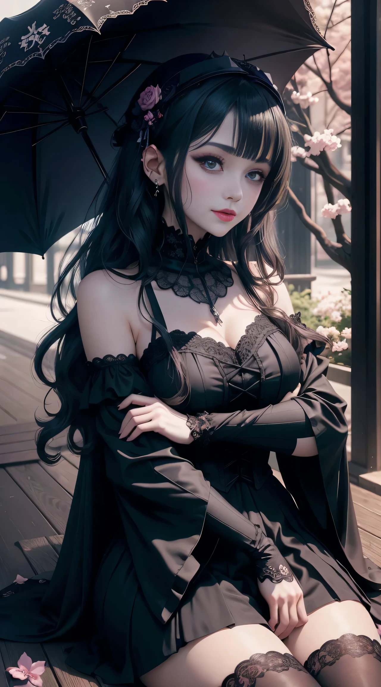 Gothic ta、gotik、18year old、boredom、garterbelts、knee high socks、A slight smil、A sexy、Glamour、shadings、wretched、Beautie、Glamorous、Dark smile、Dark ambient space、bell sleeves、Wizard Sleeve、Deep、gasp、doress、Cheek dyeing、Beautiful world、Goth Lorica Headband、Dark Gothic Makeup、Mysterious、Japanese umbrella、Night cherry blossom background、、Black long straight hair、One Piece Lace Blue、the witch、gasp、doress、