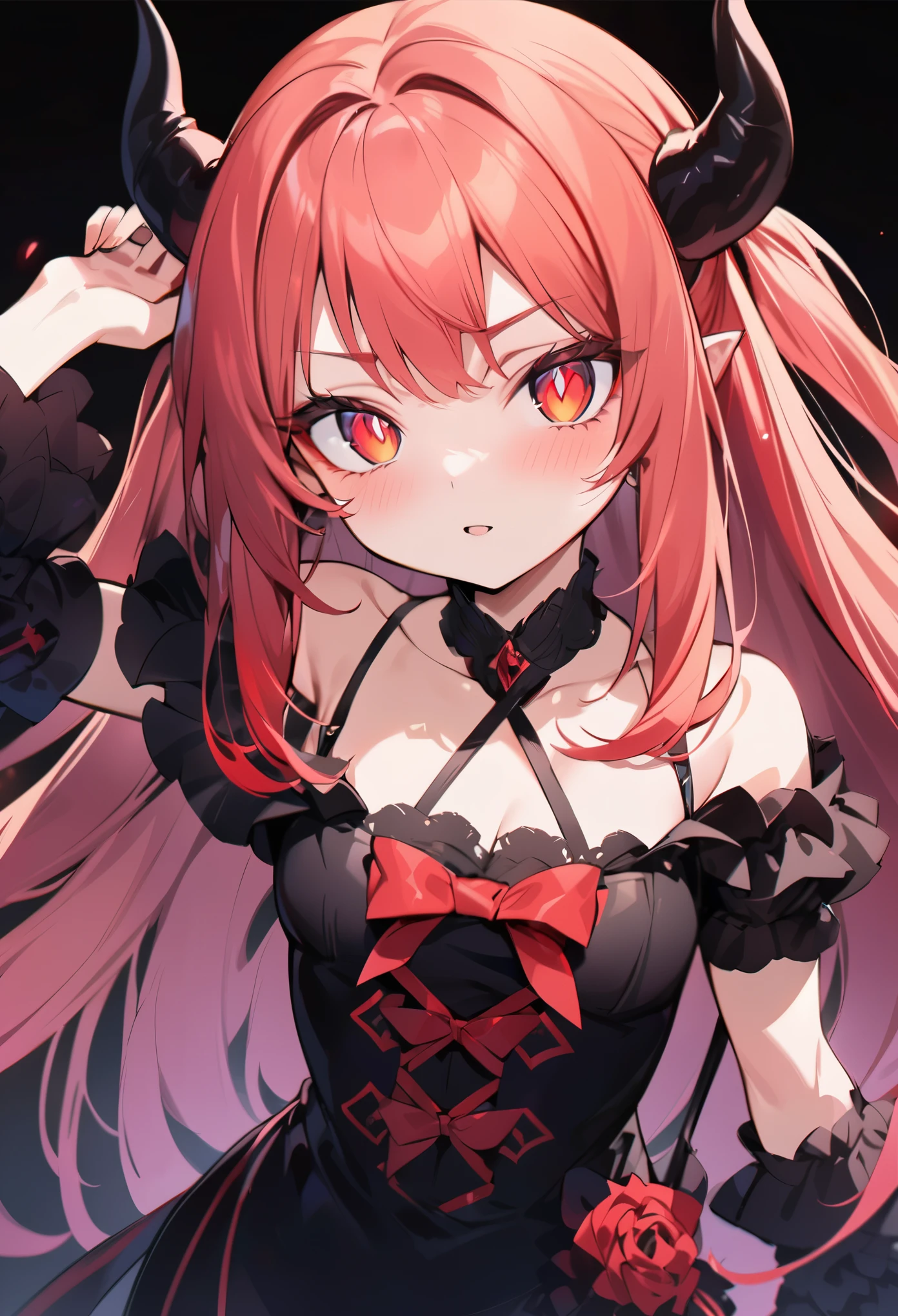 devil anime girl/demon shape, Her cool and elegant appearance, Dark background, Glowing red pupils, masterpiece, 最high quality, high quality