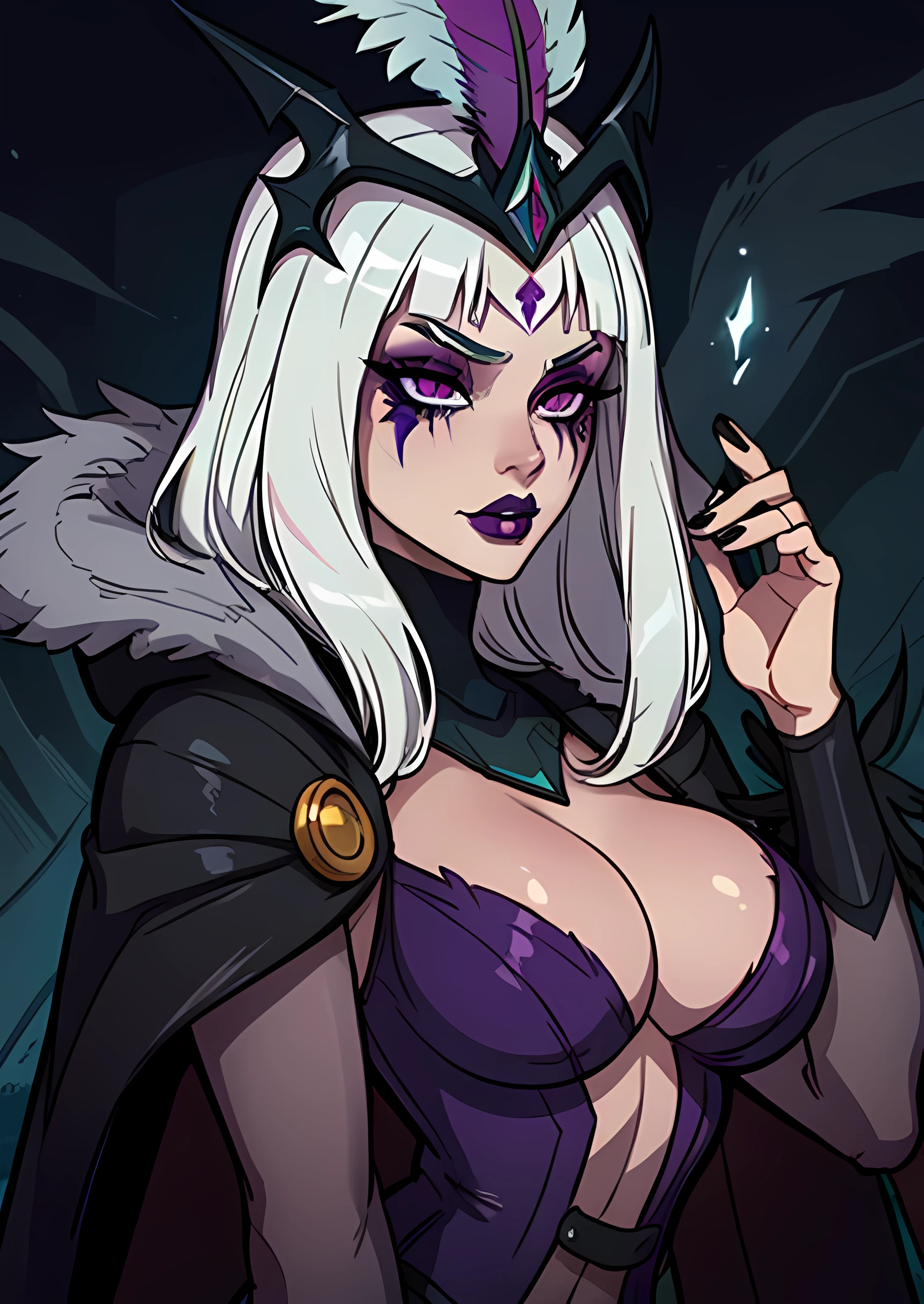 masterpiece, best quality, 1female, face portrait, goth girl, intense makeup, straight hair, ravleblanc, headdress, fur trim, purple cape, purple dress, feathers, fair skin, white hair, facial mark, glow eyes, perfect fringe