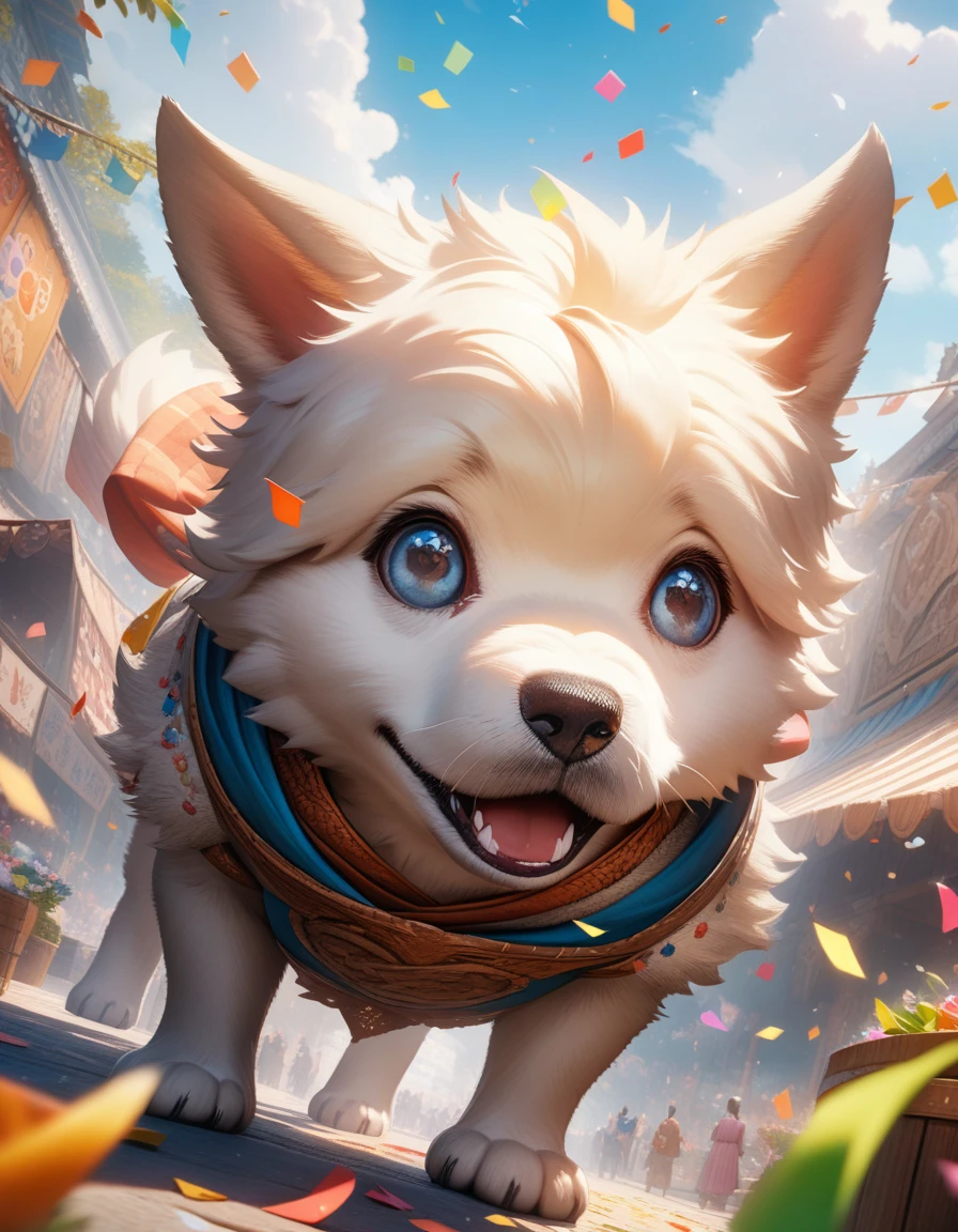1dog, Cute puppy excitedly playing in swirling cloud of colorful confetti at festival, confetti raining down around happy puppy, masterpiece, best quality, very aesthetic, absurdres, hyperdetailed, detailed matte painting, Unreal Engine 5, beautiful composition, deep color, fantastical, intricate detail, fantasy concept art, 8k resolution, HD resolution