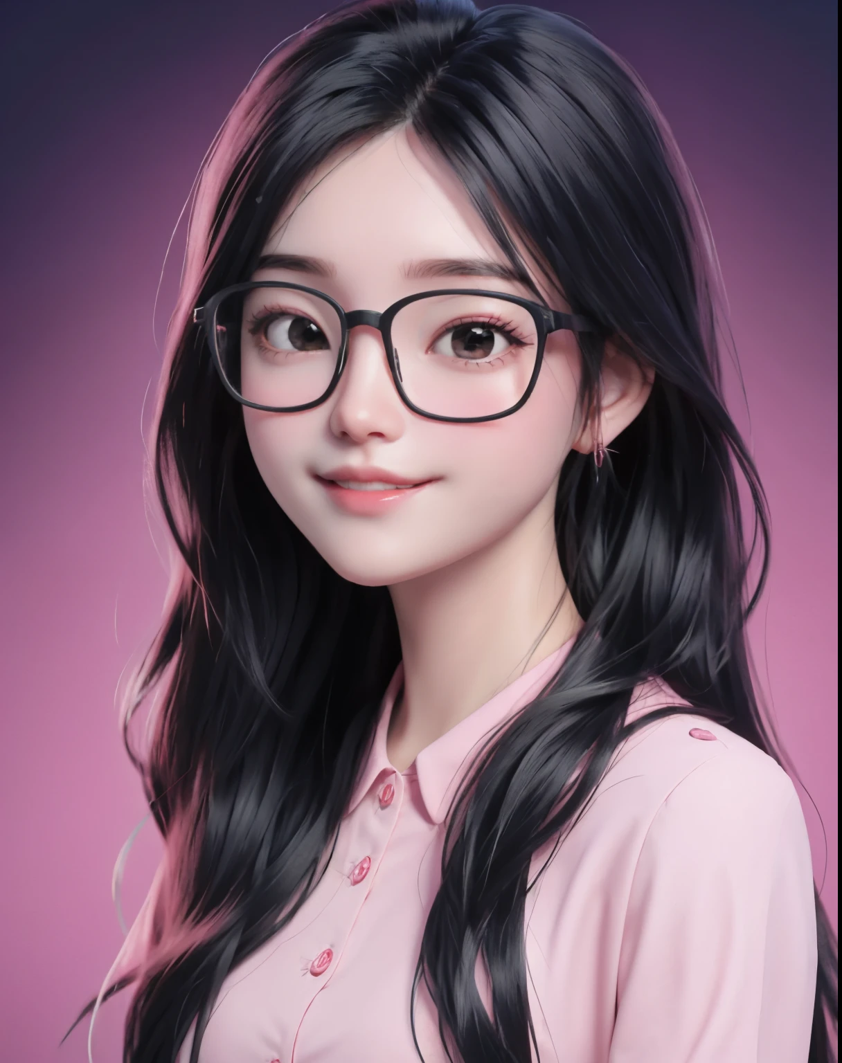 best quality, 27's years old women, solo, cartoon portrait , simple background, black long hair fluttering hair, pink lips, black shirt, black glasses, smile on her face, closed his eyes