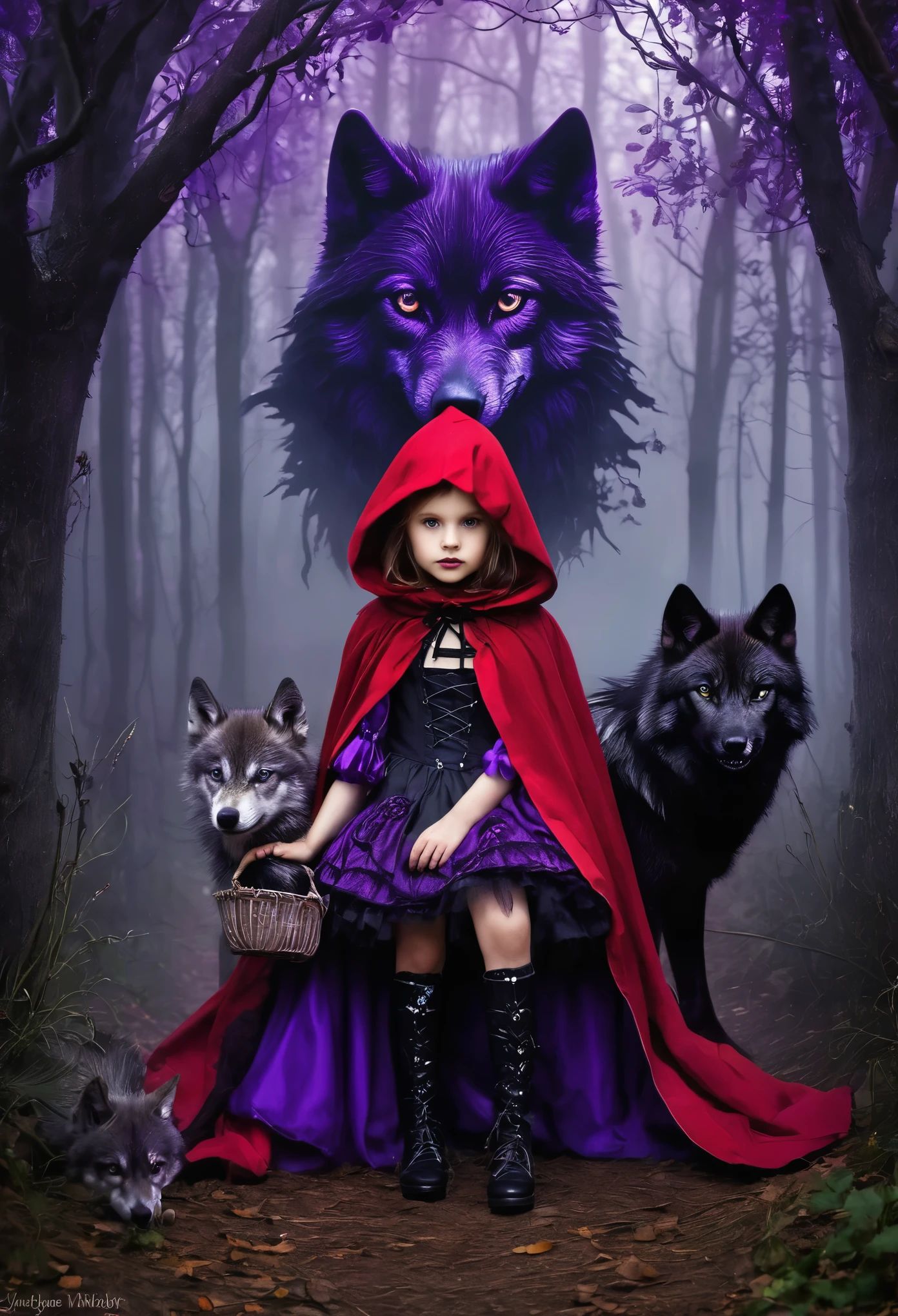  Red Riding Hood with purple, Wolves keep watch, mystisch, gothic 