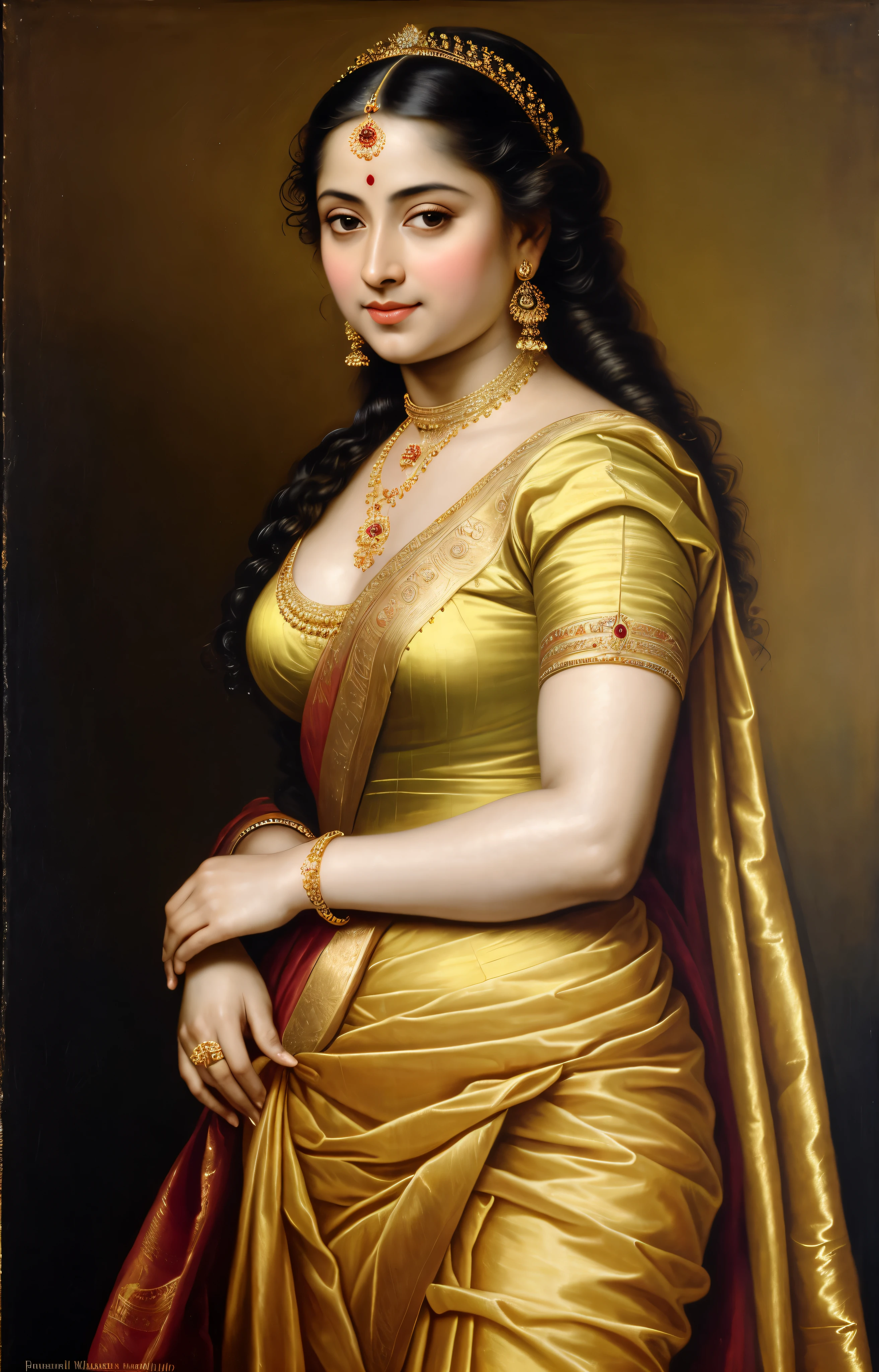 Beautiful Indian Woman, wearing saree, sari Beauty, gorgeous, Apsara, Maharani, royal queen woman, nymph from Hindu Mythology, Urvashi, matchless beauty, Highly detailed, Oil Painting by Peter Paul Rubens inspired by Raja Ravi Varma, Matchless beauty, captivating, gorgeous, heavenly beauty, celestial beauty, by Peter Paul Rubens, 13, realistic, hyper realistic, micro details, incredible artwork, insane details, ultra High resolution, 8k, 32k, acrylic on canvas, intricate, flawless, detailed, detailed face, detailed eyes, masterpiece, by Peter Paul Rubens, by Caravaggio, by William Adolphe bouguereau, perfect face, perfect body, beautiful art, realism, baroque, renaissance Art, highly textured, beautiful and detailed eyes, uhd, best quality,