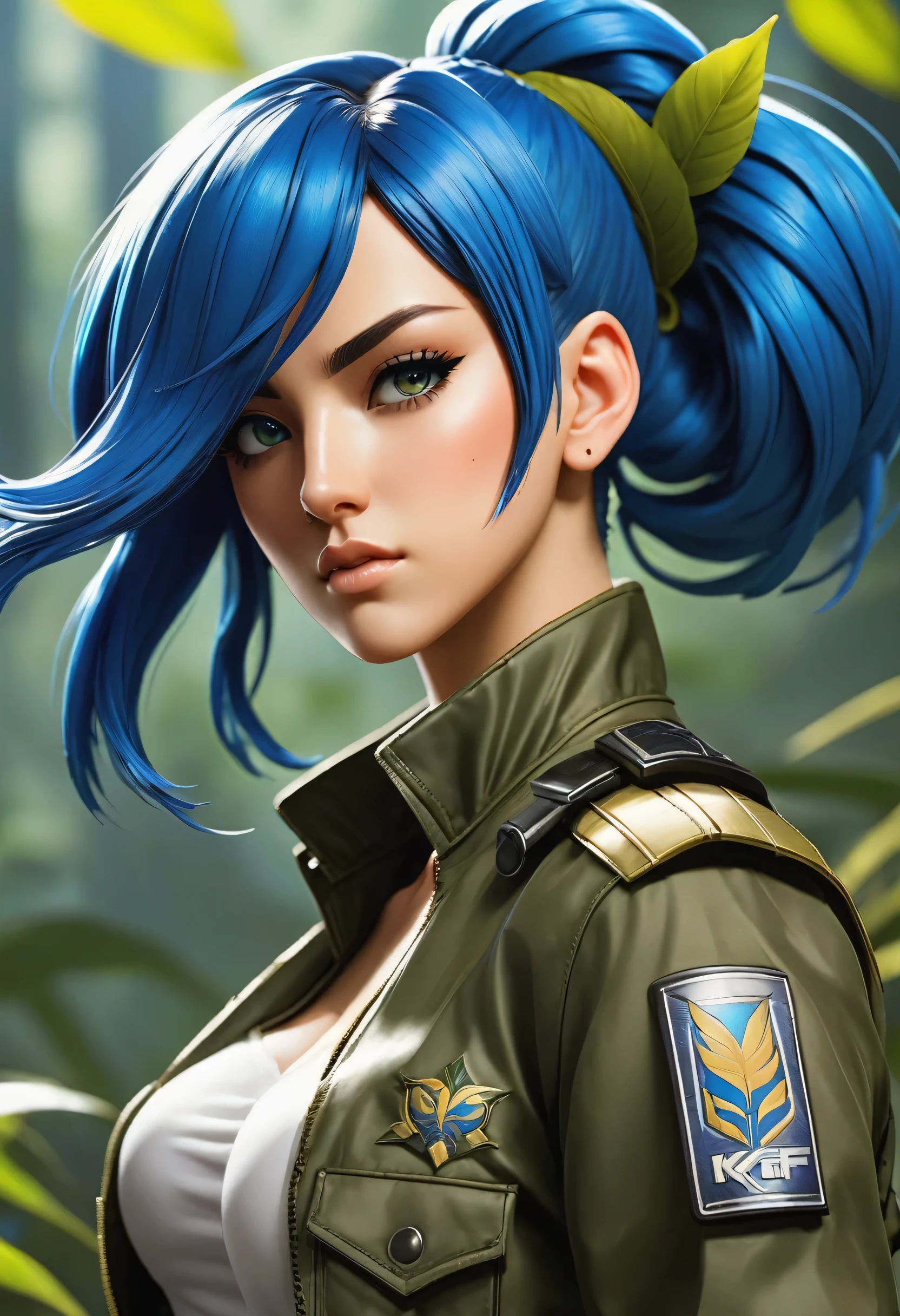 "Create a stunning representation of Leona Heider, o feroz guerreiro do KOF XV da SNK, with her signature blue hair tied into a center bun and loose bangs. Mostre-a em seu traje militar, adornado com uma estampa de folha de camuflagem, pronto para a batalha."