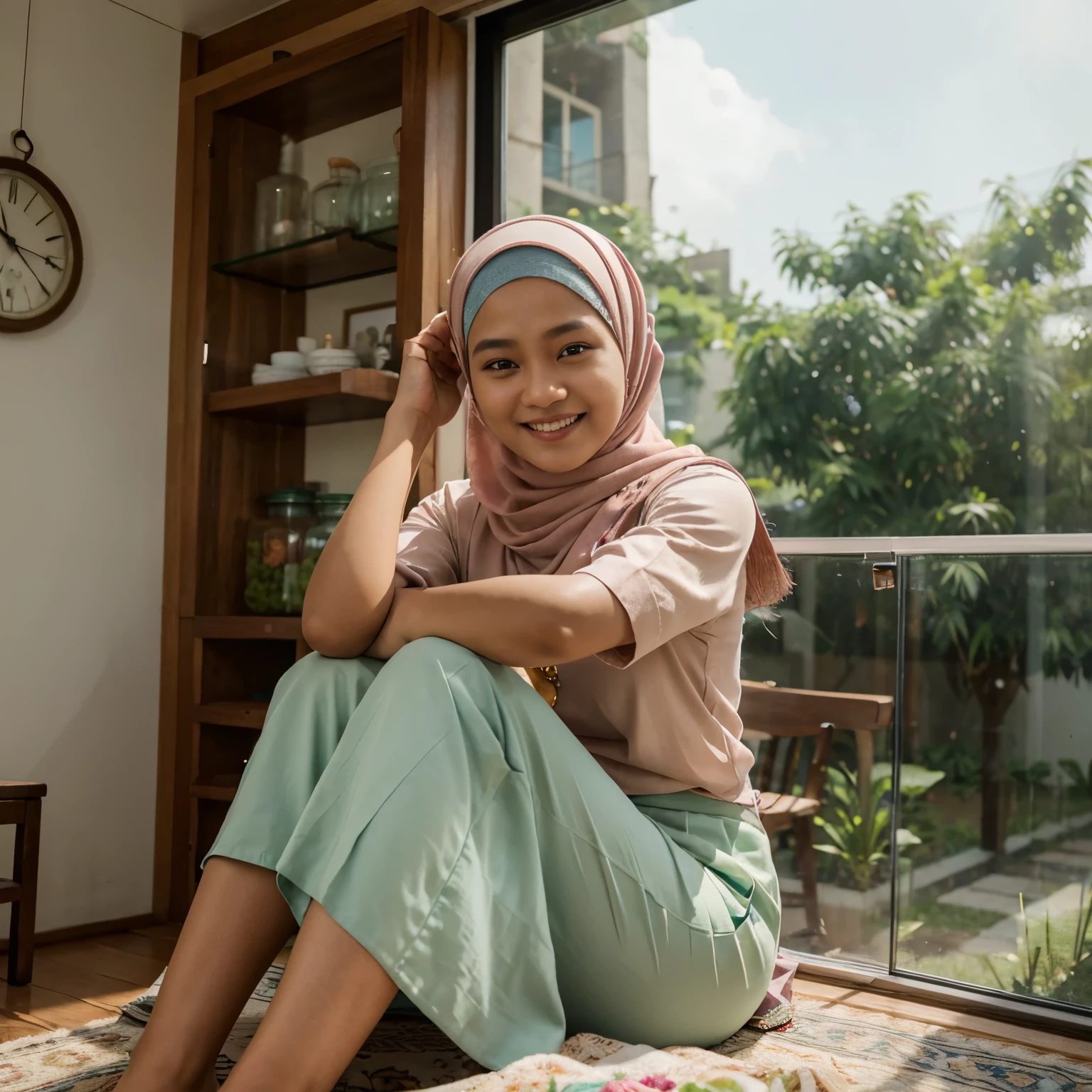 realistic photo of an Indonesian age couple, wearing soft pastel moslem attire, the woman is wearing hijab, posing with namaste hands while smiling, sitting on an elegant scandinavian sofa. On the glass table were many clear jars filled with variety of small baked cookies. On the green sage wall, which made from wood panel, there is the clear text that says //"SELAMAT IDUL FITRI 1445 H"// , intricate details, 4K

BING