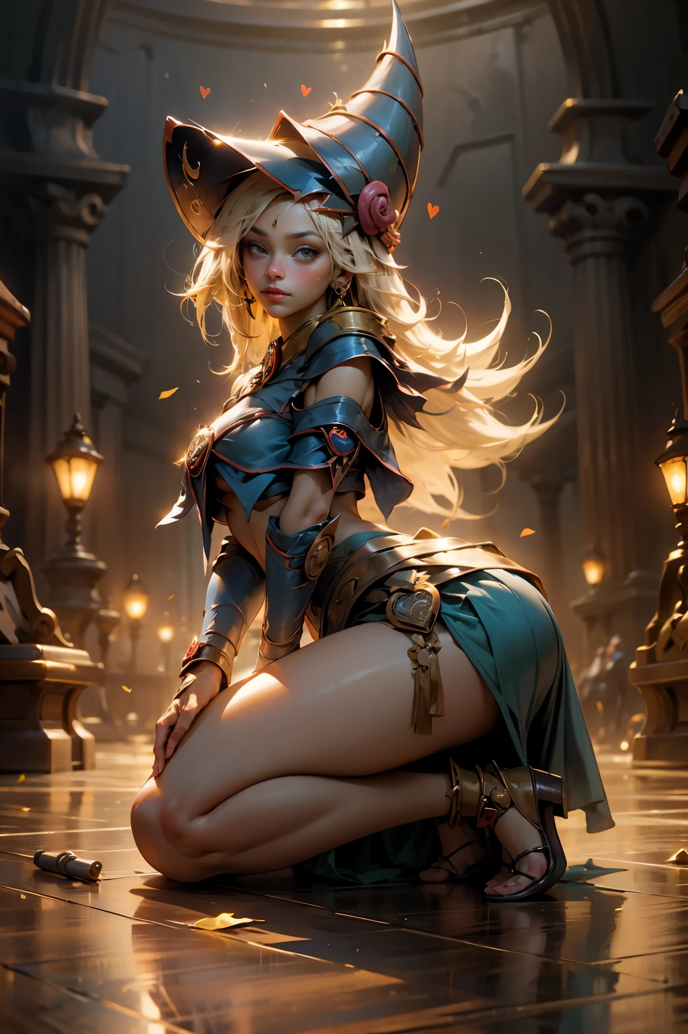 (Masterpiece、the highest quality、intricate details、The ultra-detailed、Ultra quality、high resolution、The best shadows、the best lighting、4k)　　Eleven keywords:　hair is golden　Beautiful blonde Longevity and immortality Beautiful figure Outstanding abilities Harmony with nature Noble culture Ancient races Fantasy works Role-playing games Beauty and elegance Dark mage girl Magical talent　Females　　a beauty girl　mystic　fictitious creatures　Vintage transparent dresses　Buttocks see through　on all fours　emphasis on the buttocks　Sit with a beautiful back　looking back. Dark magician girl in a Chinese landscape