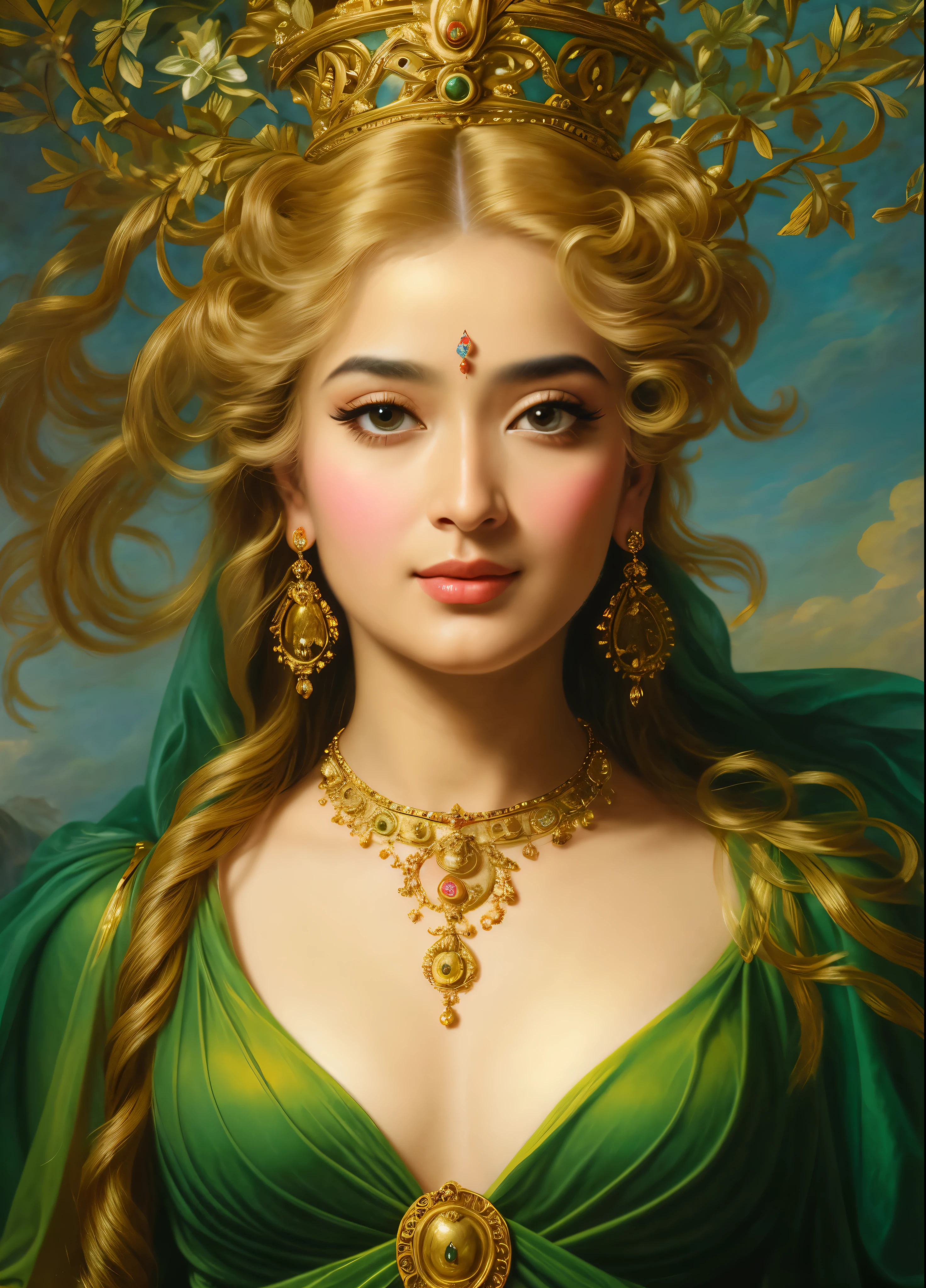 Looks like Amrita Rao, Masterpiece, Best quality, high clarity eyes, critically flawless,sharp picture, styled hair, long hair, fluffy hair, Full portrait, High pixels, perfect face, perfect eyes, beautiful face, perfect hands,perfect fingers, in Peter Paul Rubens style, by Peter Paul Rubens, baroque style, acrylic on canvas, highly detailed, description: "Create a nymph inspired by the tales of Greek or Roman mythology, embodying the essence of a natural element or location, and possessing a unique ability or trait that sets her apart."
