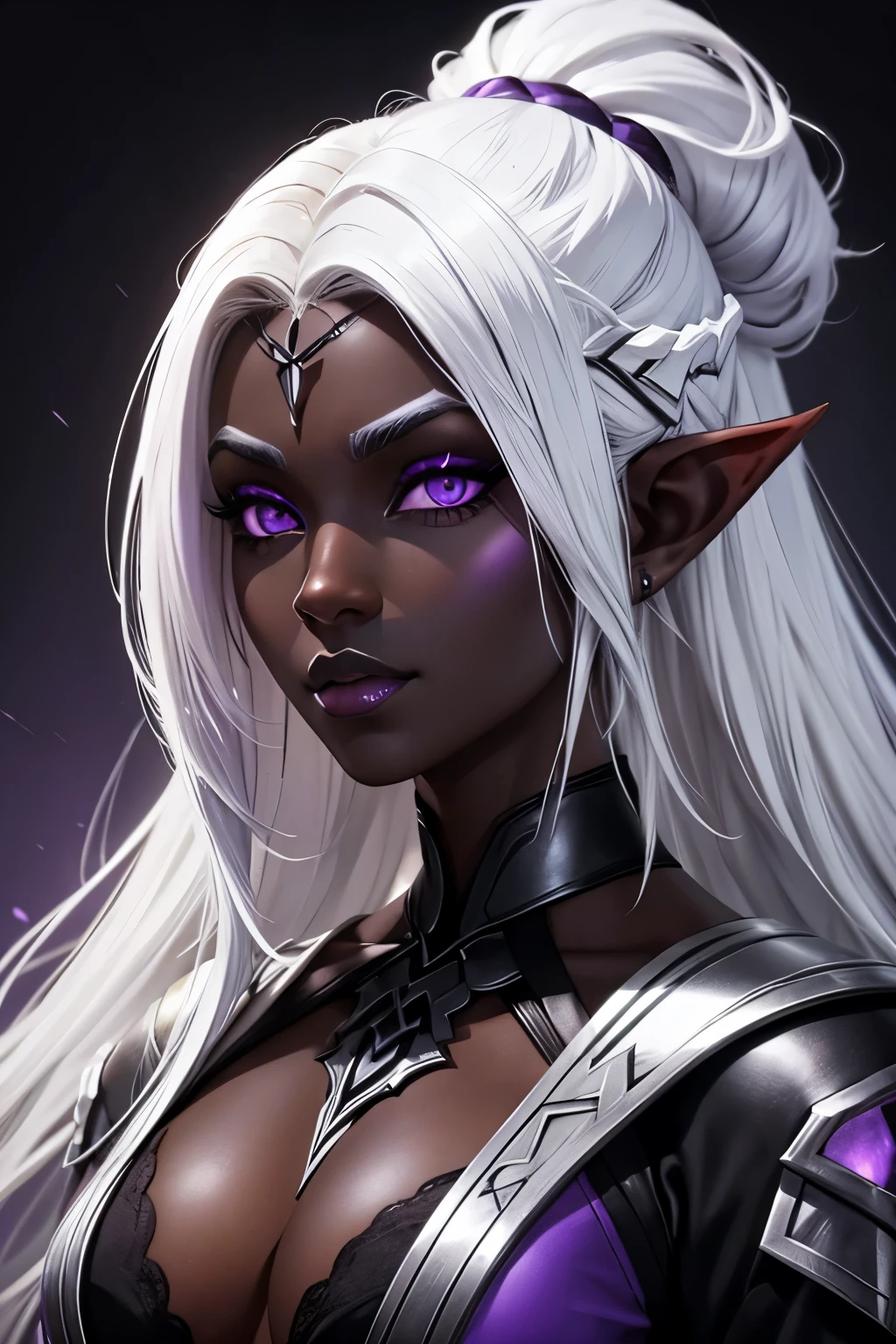 beautiful dark elf woman with black skin, white hair and purple eyes