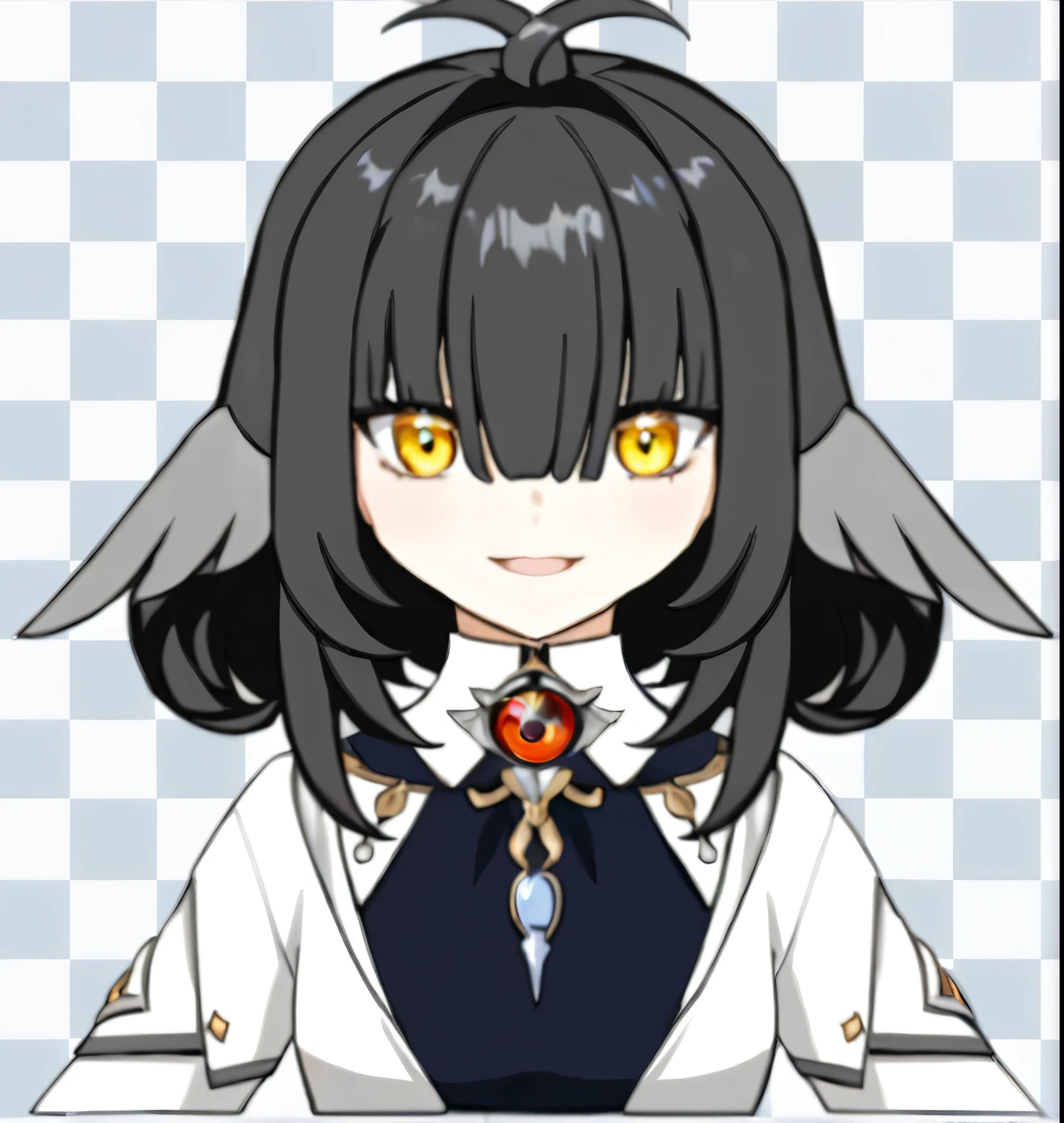 garota anime com cabelo preto e olhos amarelos vestindo uma camisa branca, estilo de arte anime moe, mago de cabelo preto, novela visual spRite, mika kurai demon, corte de cabelo preto hime, impacto de ayaka genshin, albedo do anime overlord, anime estilizado, personagem de estilo anime, estilo anime plano, com olhos amarelos brilhantes